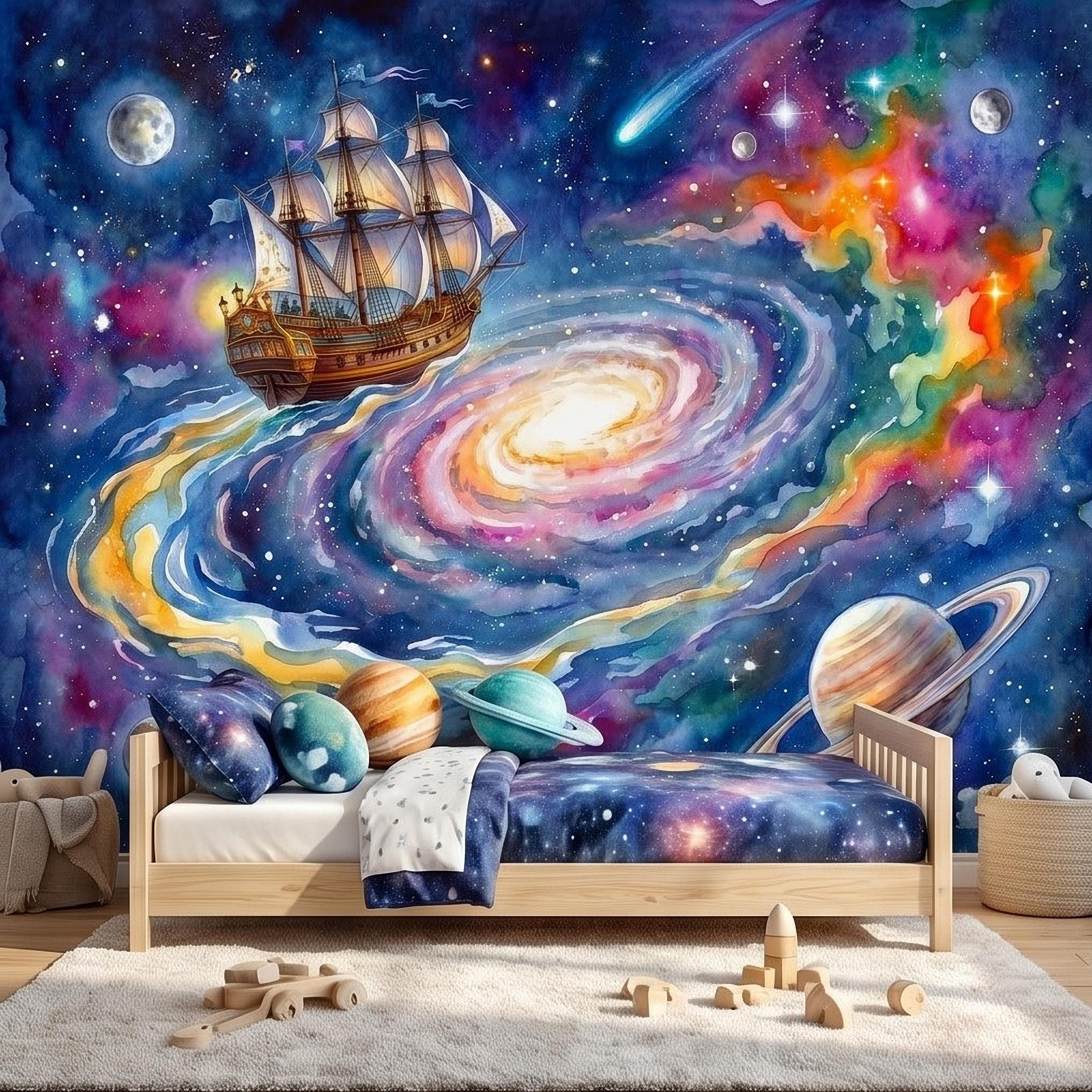 Fantasy Sailing Ship Peel and Stick Wall Mural, Watercolor Galaxy Adventure with Planets and Nebula Kids Room Wallpaper