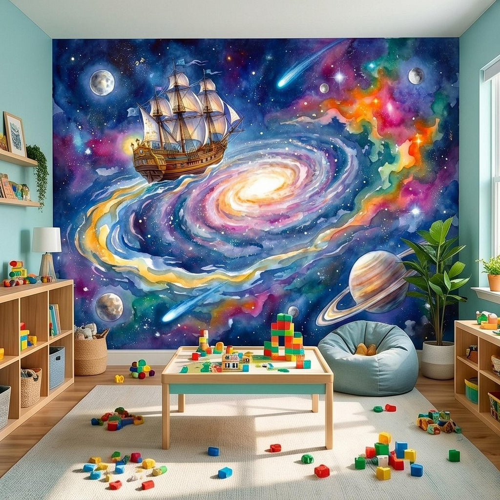 Fantasy Sailing Ship Peel and Stick Wall Mural, Watercolor Galaxy Adventure with Planets and Nebula Kids Room Wallpaper