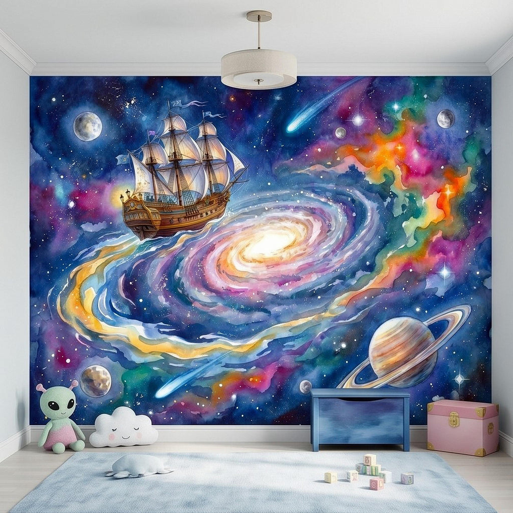 Fantasy Sailing Ship Peel and Stick Wall Mural, Watercolor Galaxy Adventure with Planets and Nebula Kids Room Wallpaper