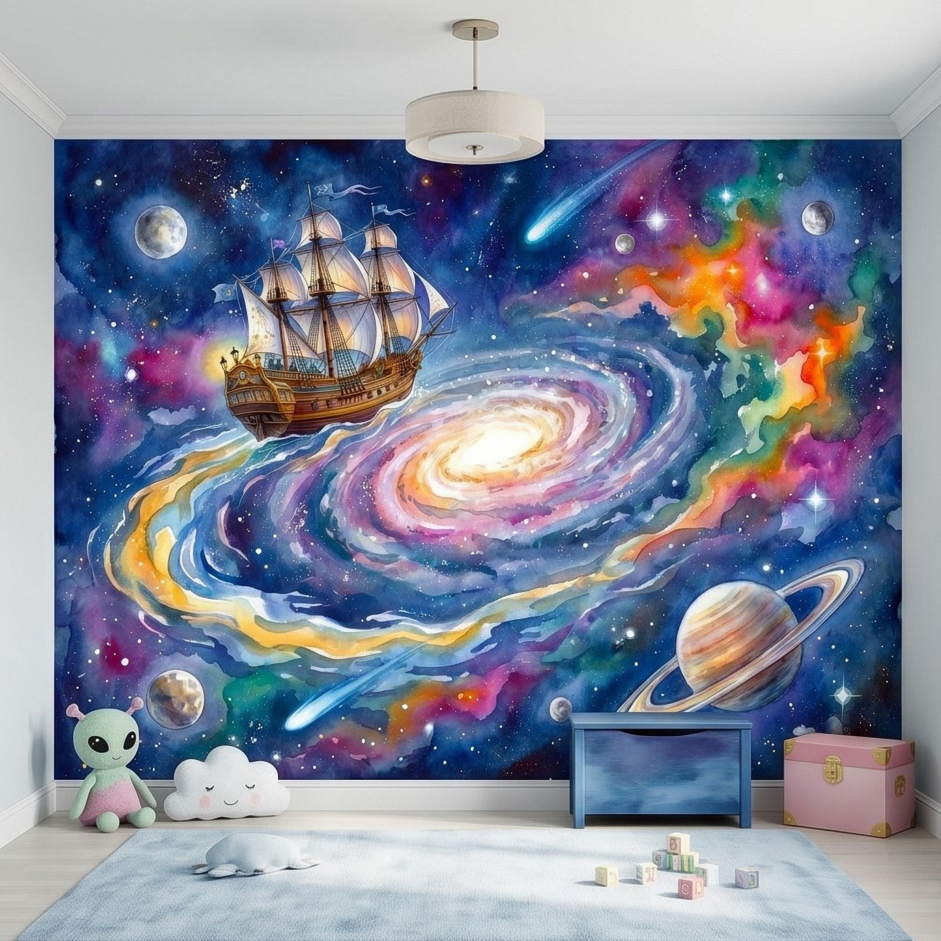 Fantasy Sailing Ship Peel and Stick Wall Mural, Watercolor Galaxy Adventure with Planets and Nebula Kids Room Wallpaper