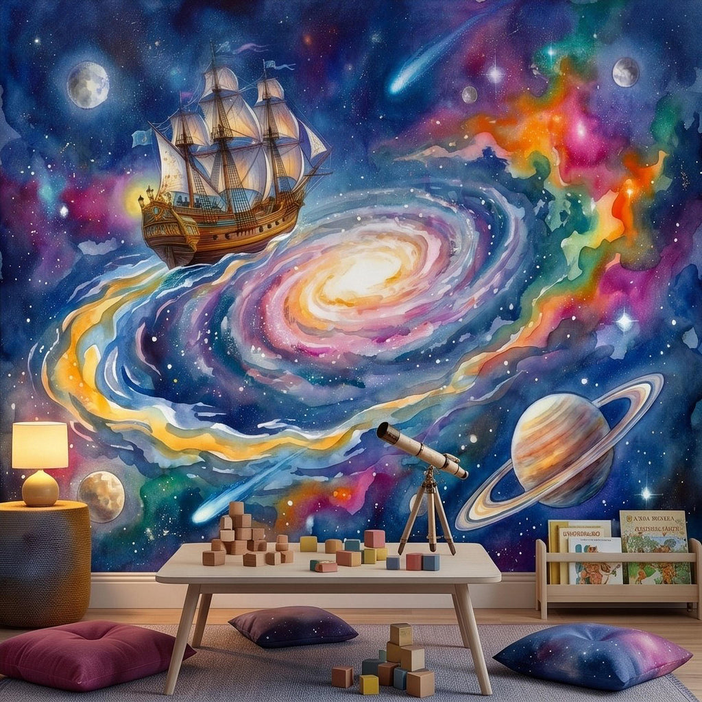 Fantasy Sailing Ship Peel and Stick Wall Mural, Watercolor Galaxy Adventure with Planets and Nebula Kids Room Wallpaper