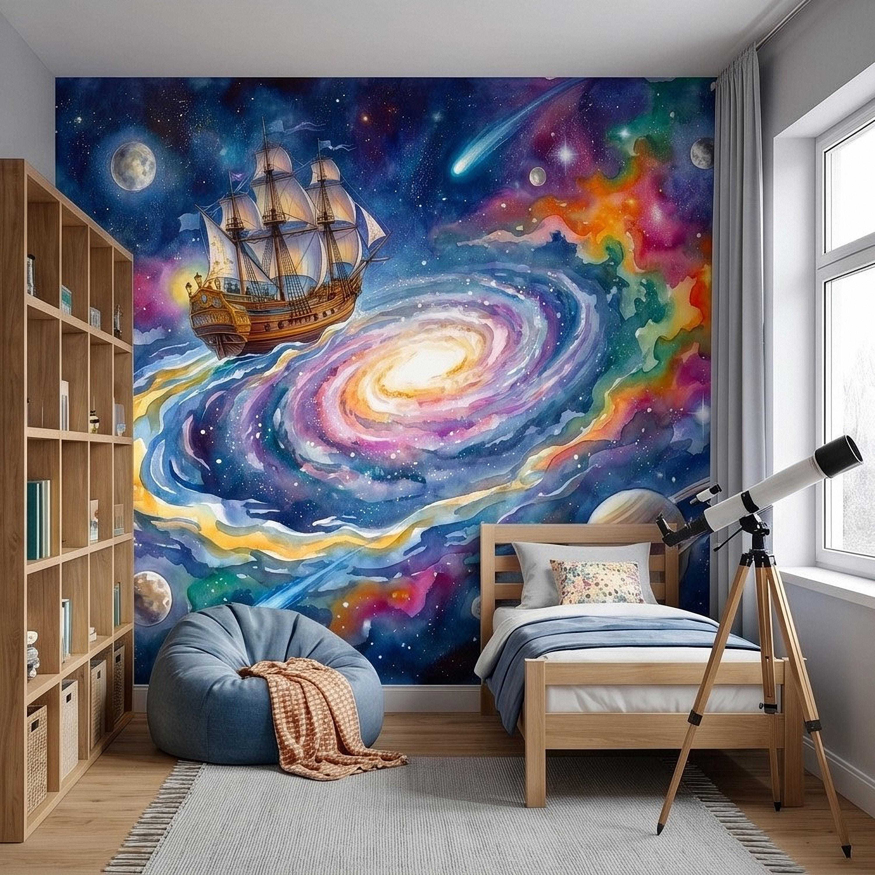 Fantasy Sailing Ship Peel and Stick Wall Mural, Watercolor Galaxy Adventure with Planets and Nebula Kids Room Wallpaper
