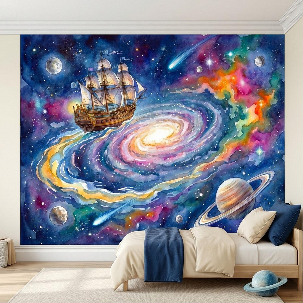 Fantasy Sailing Ship Peel and Stick Wall Mural, Watercolor Galaxy Adventure with Planets and Nebula Kids Room Wallpaper