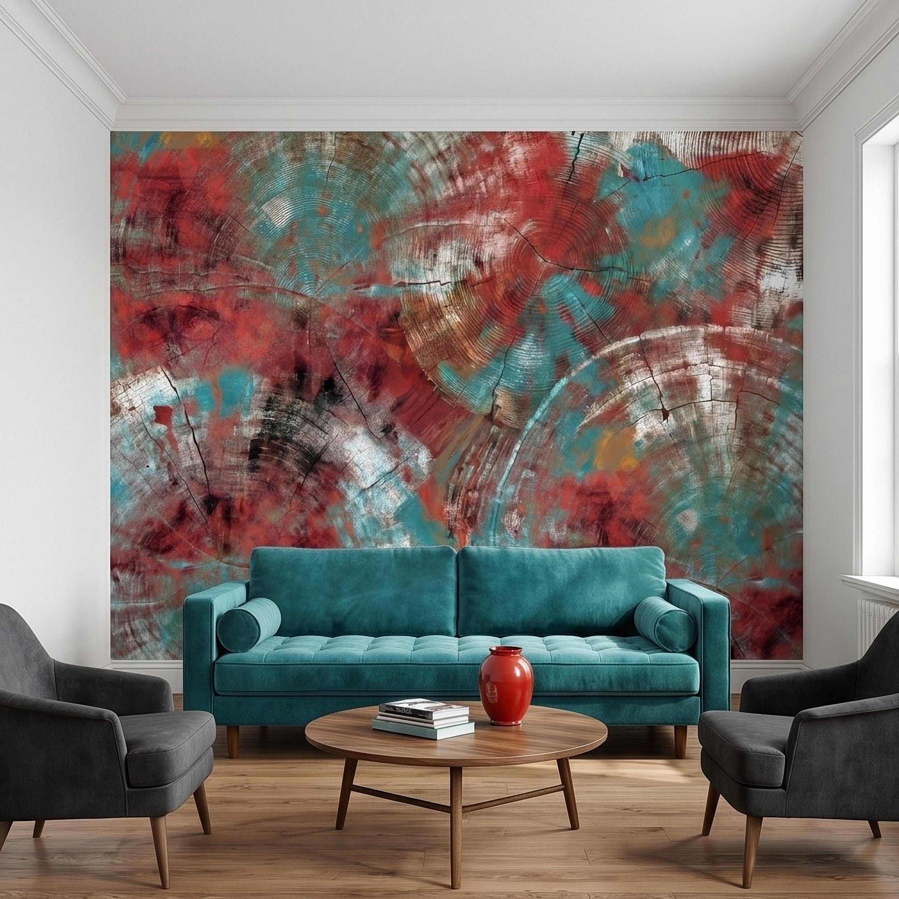 Abstract Wood Peel and Stick Wall Mural, Teal and Red Tree Ring Texture, Rustic Distressed Painted Wood Wallpaper