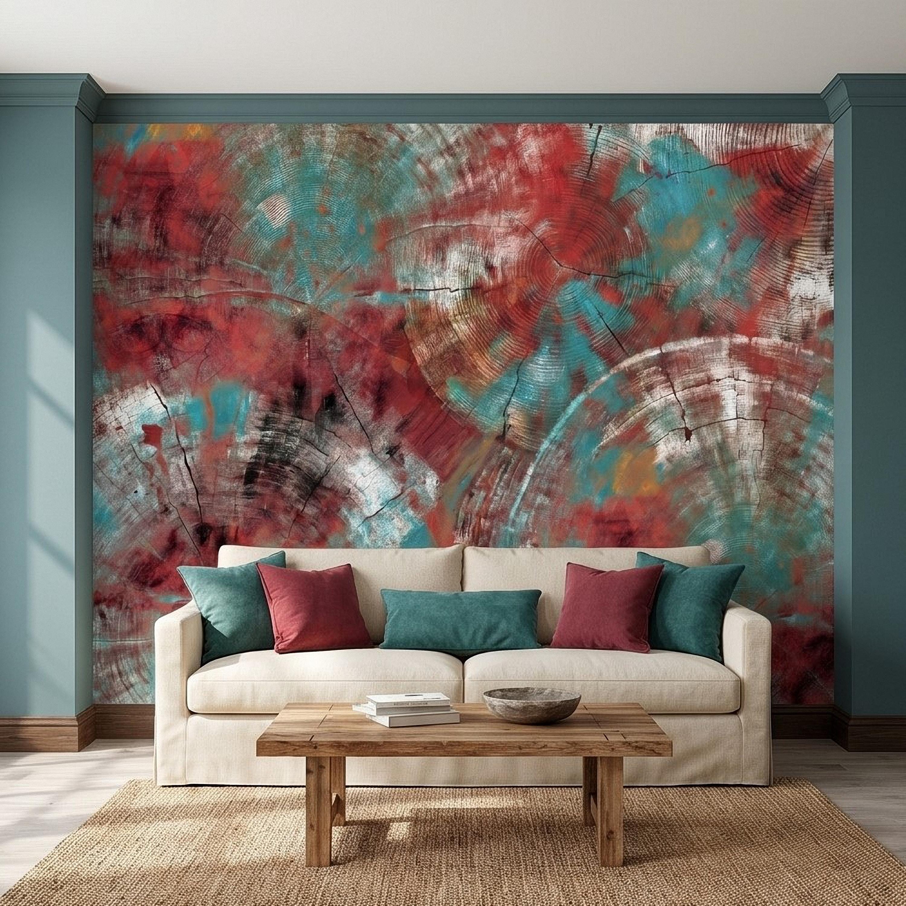 Abstract Wood Peel and Stick Wall Mural, Teal and Red Tree Ring Texture, Rustic Distressed Painted Wood Wallpaper