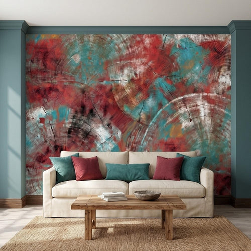 Framed abstract tree ring wall mural in teal, red, white, and black distressed tones.