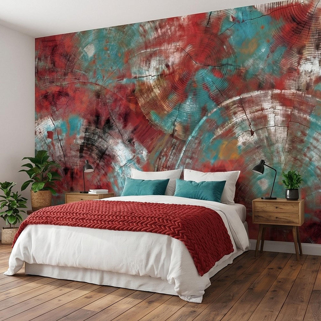 Abstract Wood Peel and Stick Wall Mural, Teal and Red Tree Ring Texture, Rustic Distressed Painted Wood Wallpaper