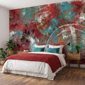 Abstract Wood Peel and Stick Wall Mural, Teal and Red Tree Ring Texture, Rustic Distressed Painted Wood Wallpaper