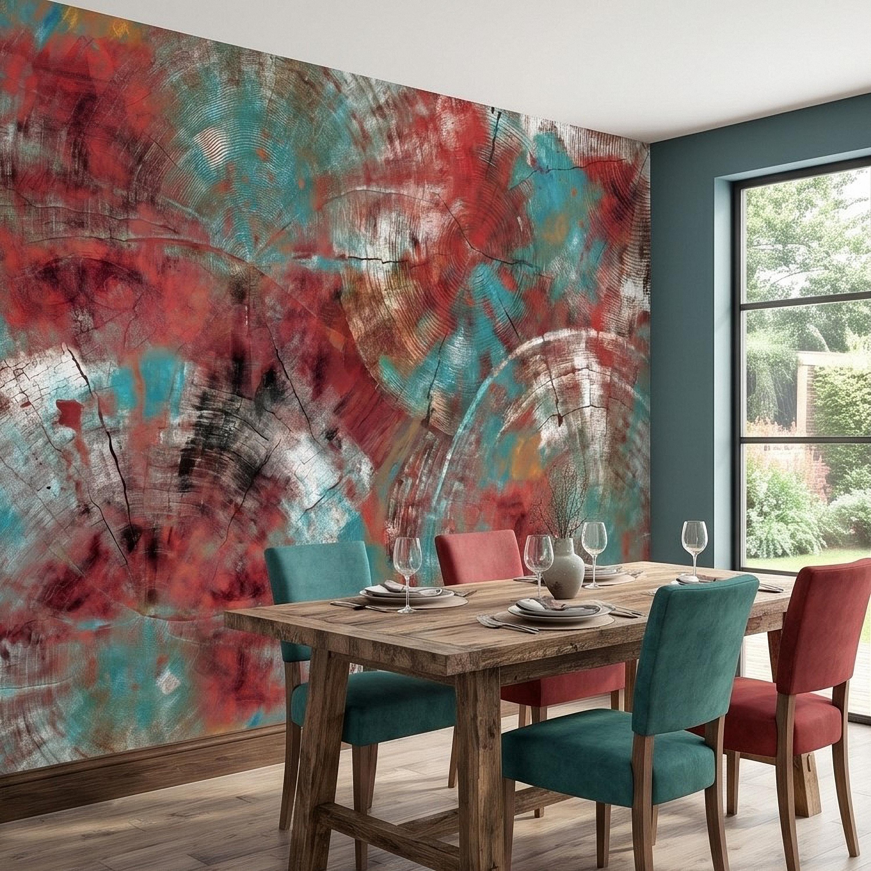 Abstract Wood Peel and Stick Wall Mural, Teal and Red Tree Ring Texture, Rustic Distressed Painted Wood Wallpaper