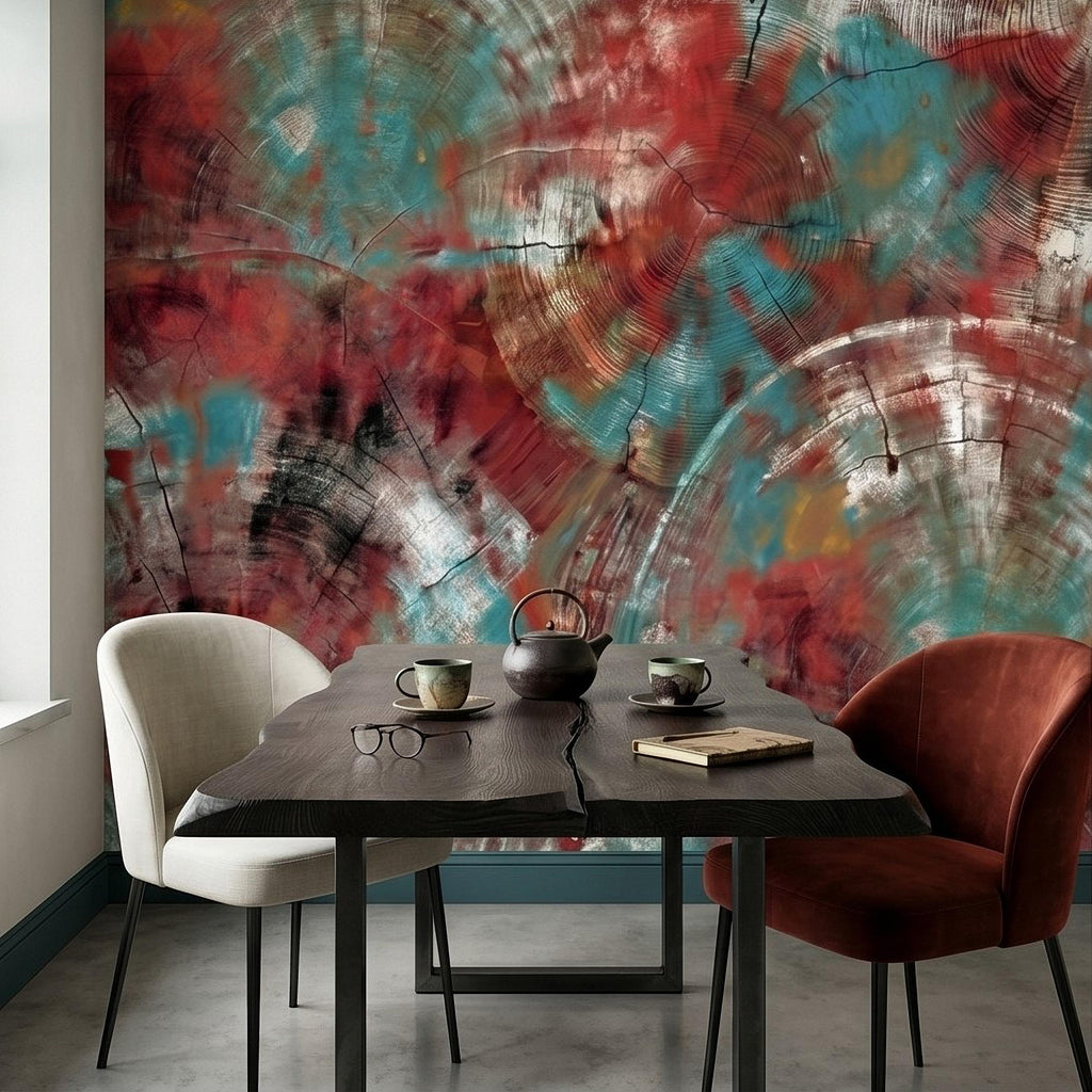 Abstract Wood Peel and Stick Wall Mural, Teal and Red Tree Ring Texture, Rustic Distressed Painted Wood Wallpaper