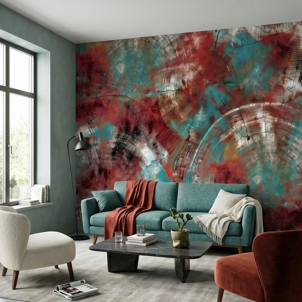Abstract Wood Peel and Stick Wall Mural, Teal and Red Tree Ring Texture, Rustic Distressed Painted Wood Wallpaper