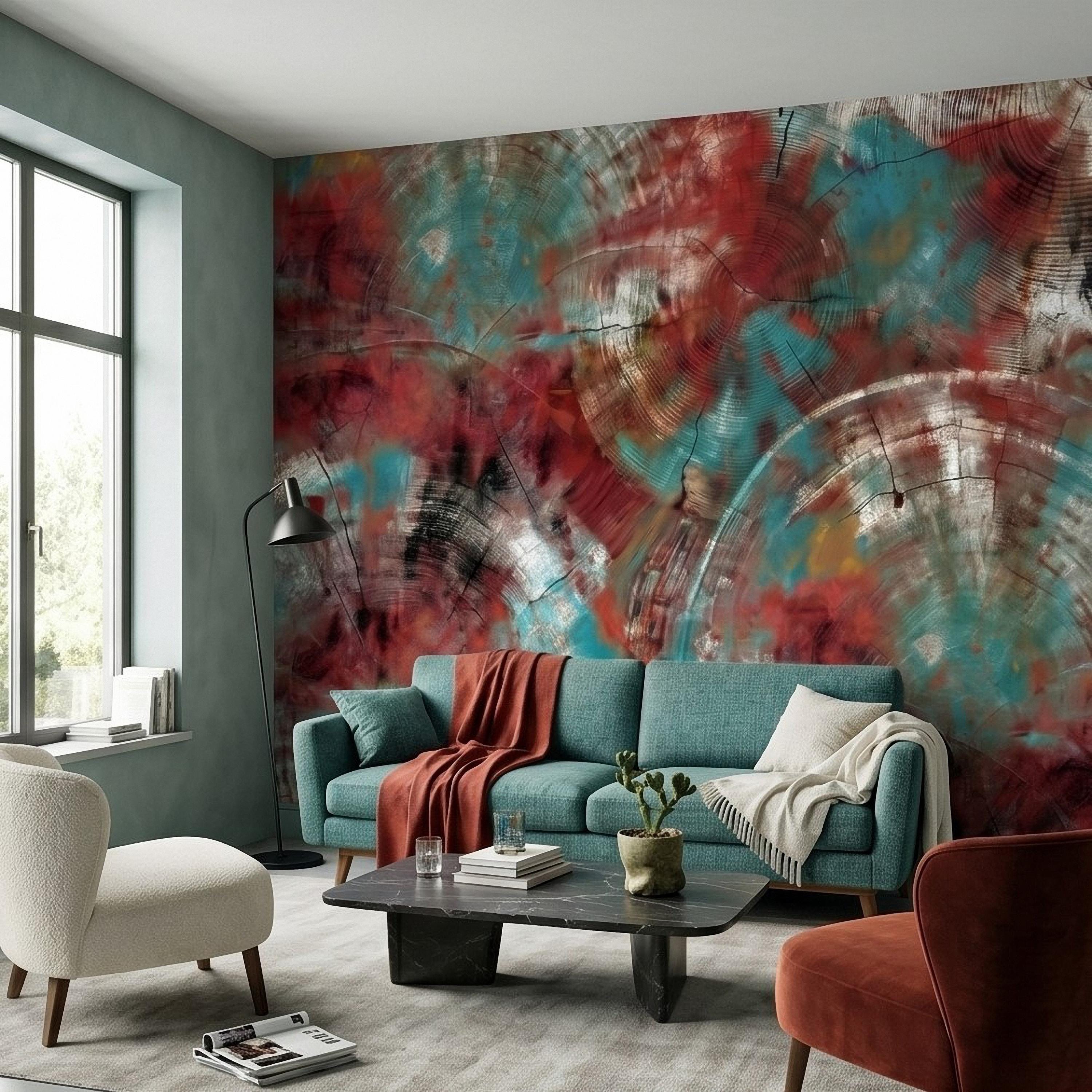 Abstract Wood Peel and Stick Wall Mural, Teal and Red Tree Ring Texture, Rustic Distressed Painted Wood Wallpaper