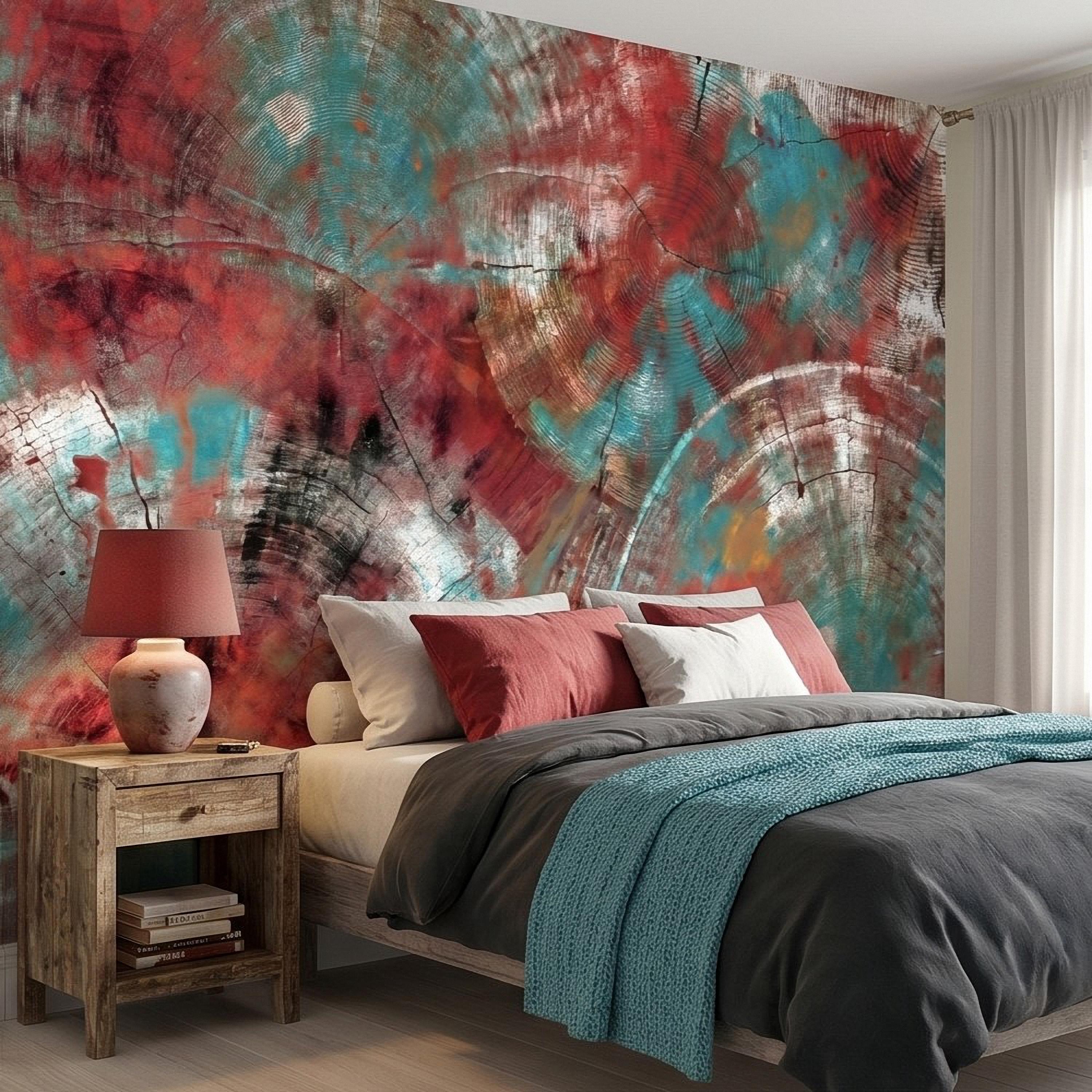 Abstract Wood Peel and Stick Wall Mural, Teal and Red Tree Ring Texture, Rustic Distressed Painted Wood Wallpaper