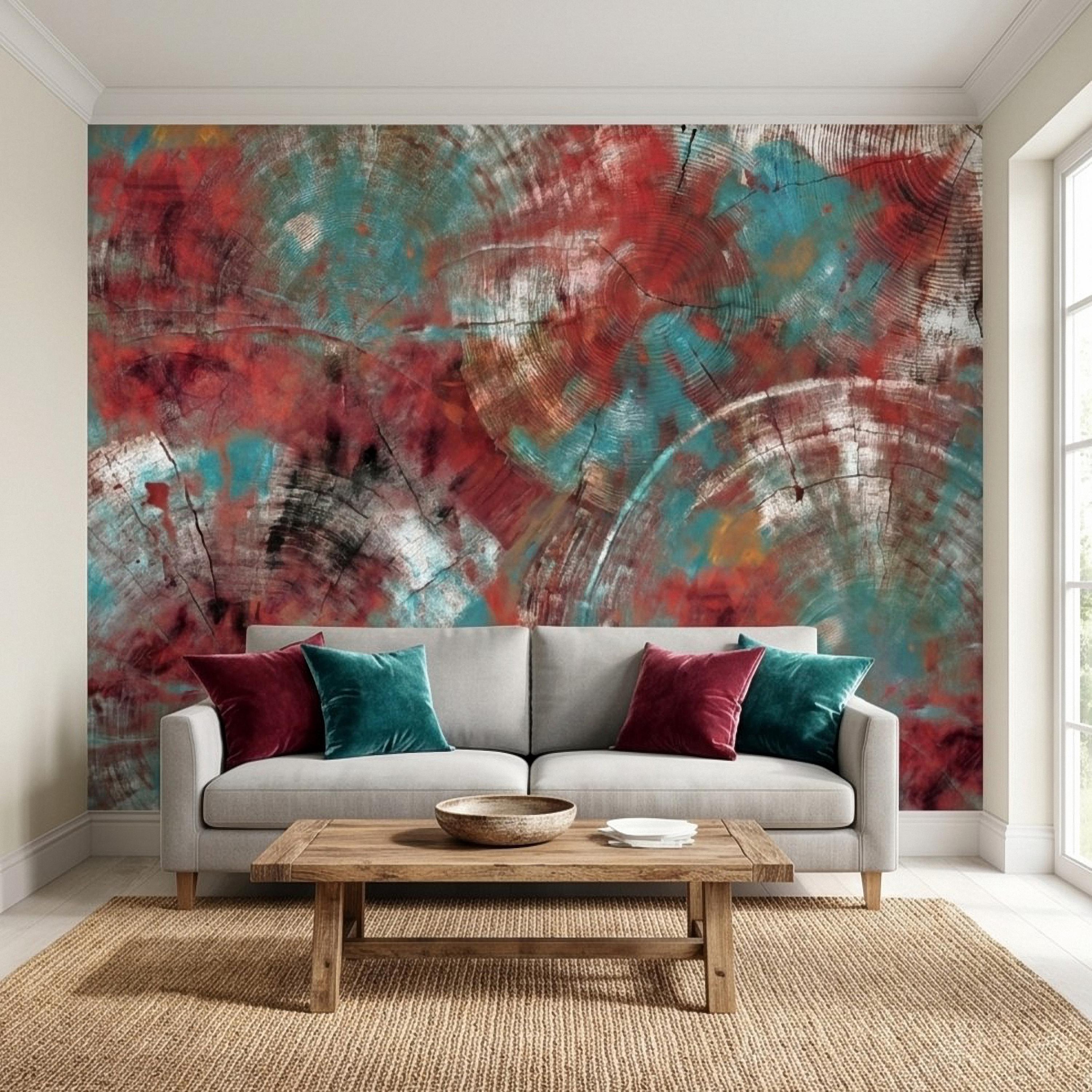 Abstract Wood Peel and Stick Wall Mural, Teal and Red Tree Ring Texture, Rustic Distressed Painted Wood Wallpaper