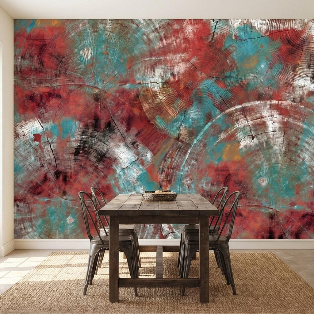 Abstract Wood Peel and Stick Wall Mural, Teal and Red Tree Ring Texture, Rustic Distressed Painted Wood Wallpaper