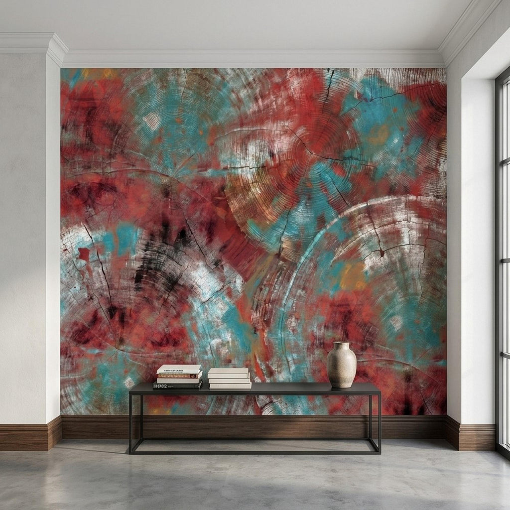 Abstract Wood Peel and Stick Wall Mural, Teal and Red Tree Ring Texture, Rustic Distressed Painted Wood Wallpaper