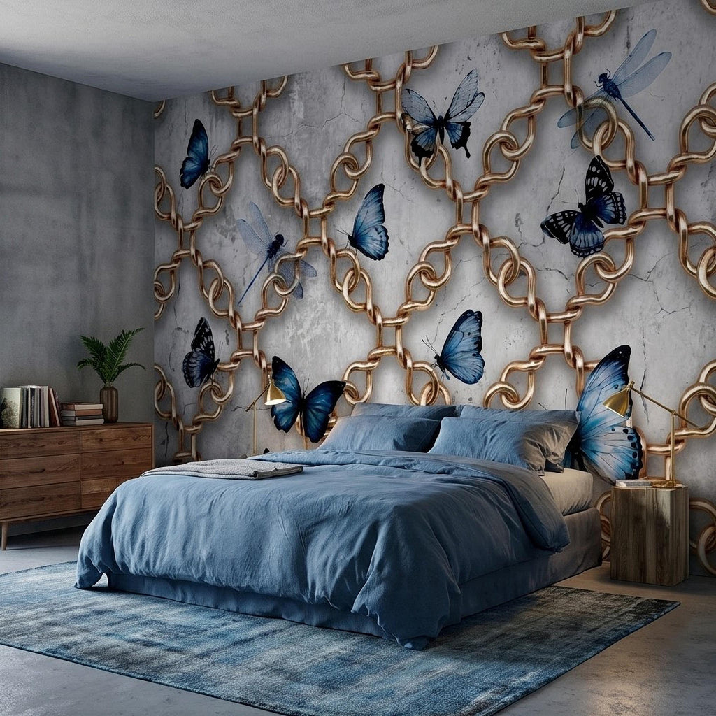 Gold Chain Peel and Stick Wall Mural, Blue Butterflies and Dragonflies on Cracked Concrete, Modern Glam Luxury Wallpaper