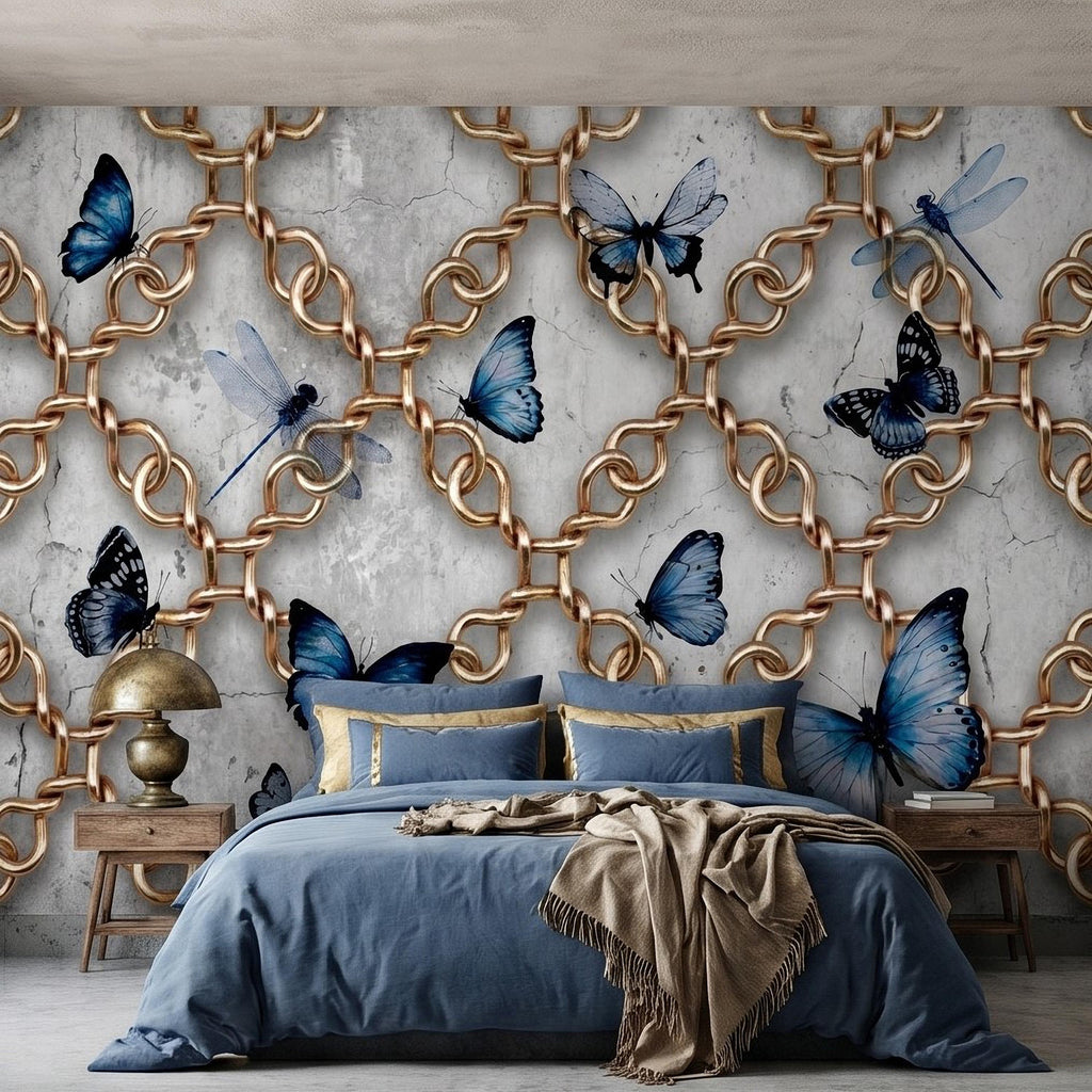 Gold Chain Peel and Stick Wall Mural, Blue Butterflies and Dragonflies on Cracked Concrete, Modern Glam Luxury Wallpaper