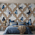 Gold Chain Peel and Stick Wall Mural, Blue Butterflies and Dragonflies on Cracked Concrete, Modern Glam Luxury Wallpaper