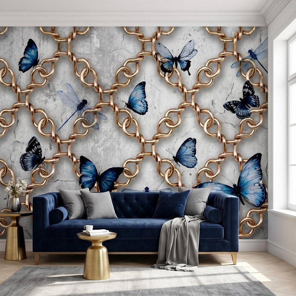 Gold Chain Peel and Stick Wall Mural, Blue Butterflies and Dragonflies on Cracked Concrete, Modern Glam Luxury Wallpaper