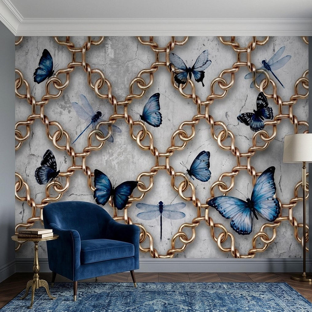 Gold Chain Peel and Stick Wall Mural, Blue Butterflies and Dragonflies on Cracked Concrete, Modern Glam Luxury Wallpaper