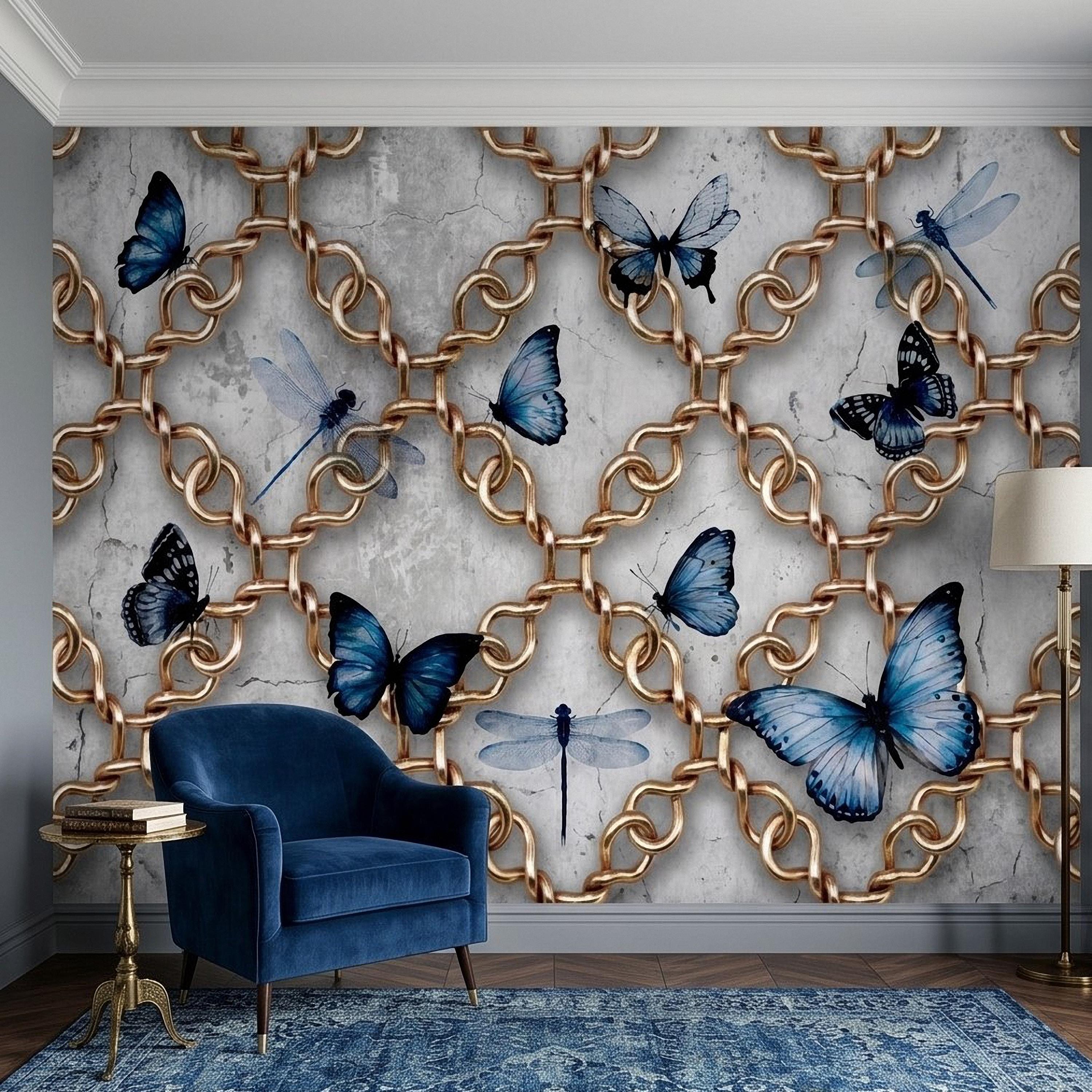 Gold Chain Peel and Stick Wall Mural, Blue Butterflies and Dragonflies on Cracked Concrete, Modern Glam Luxury Wallpaper