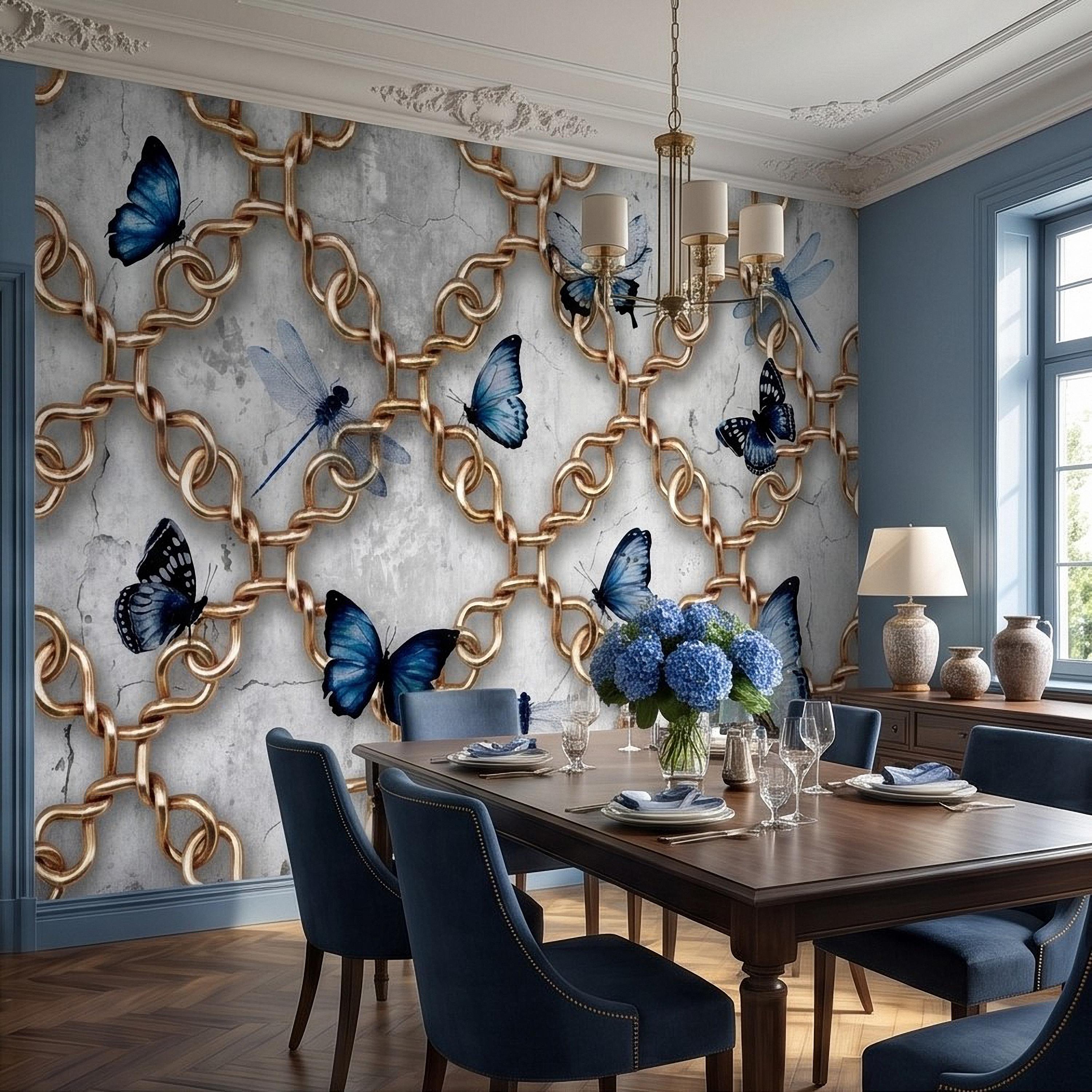 Gold Chain Peel and Stick Wall Mural, Blue Butterflies and Dragonflies on Cracked Concrete, Modern Glam Luxury Wallpaper