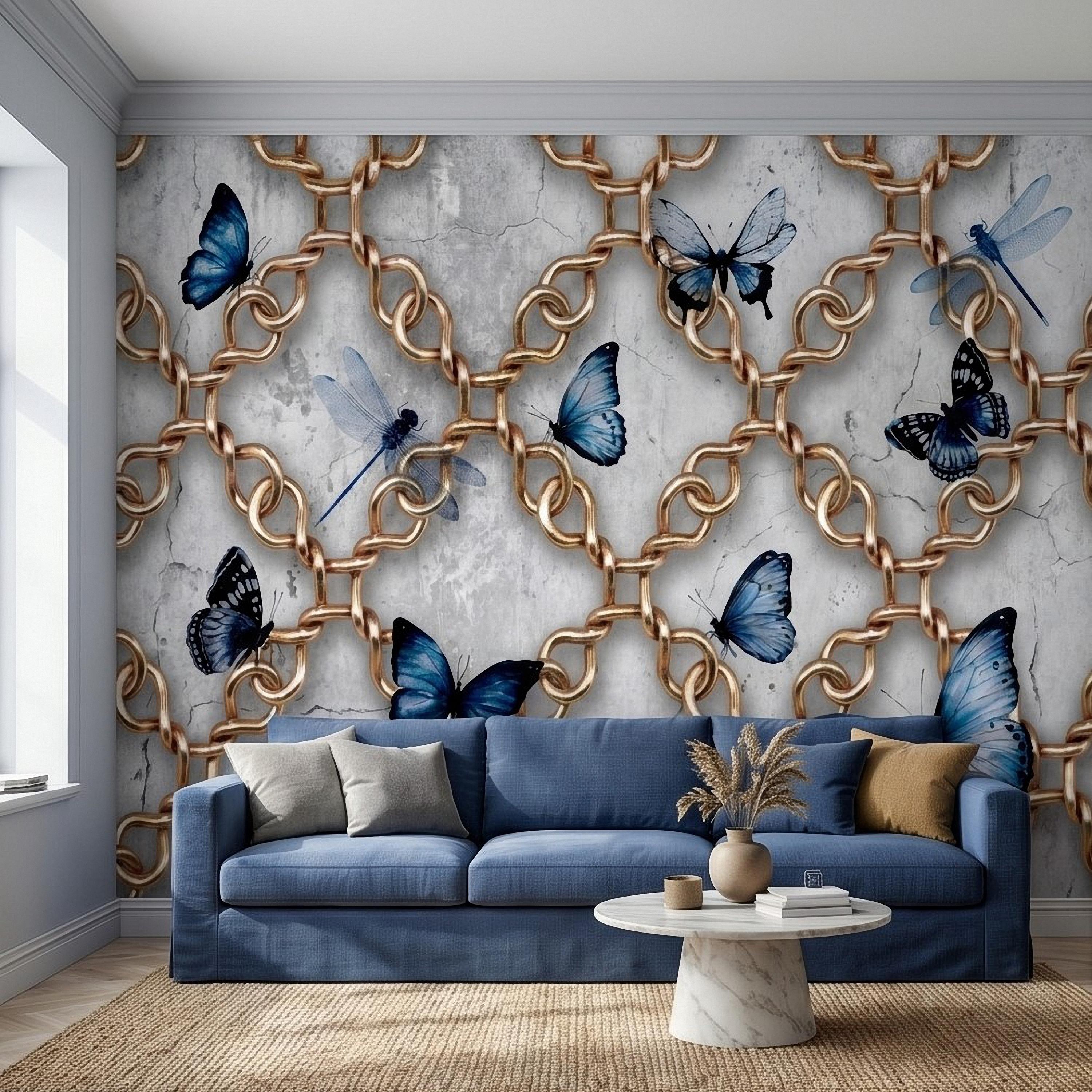 Gold Chain Peel and Stick Wall Mural, Blue Butterflies and Dragonflies on Cracked Concrete, Modern Glam Luxury Wallpaper