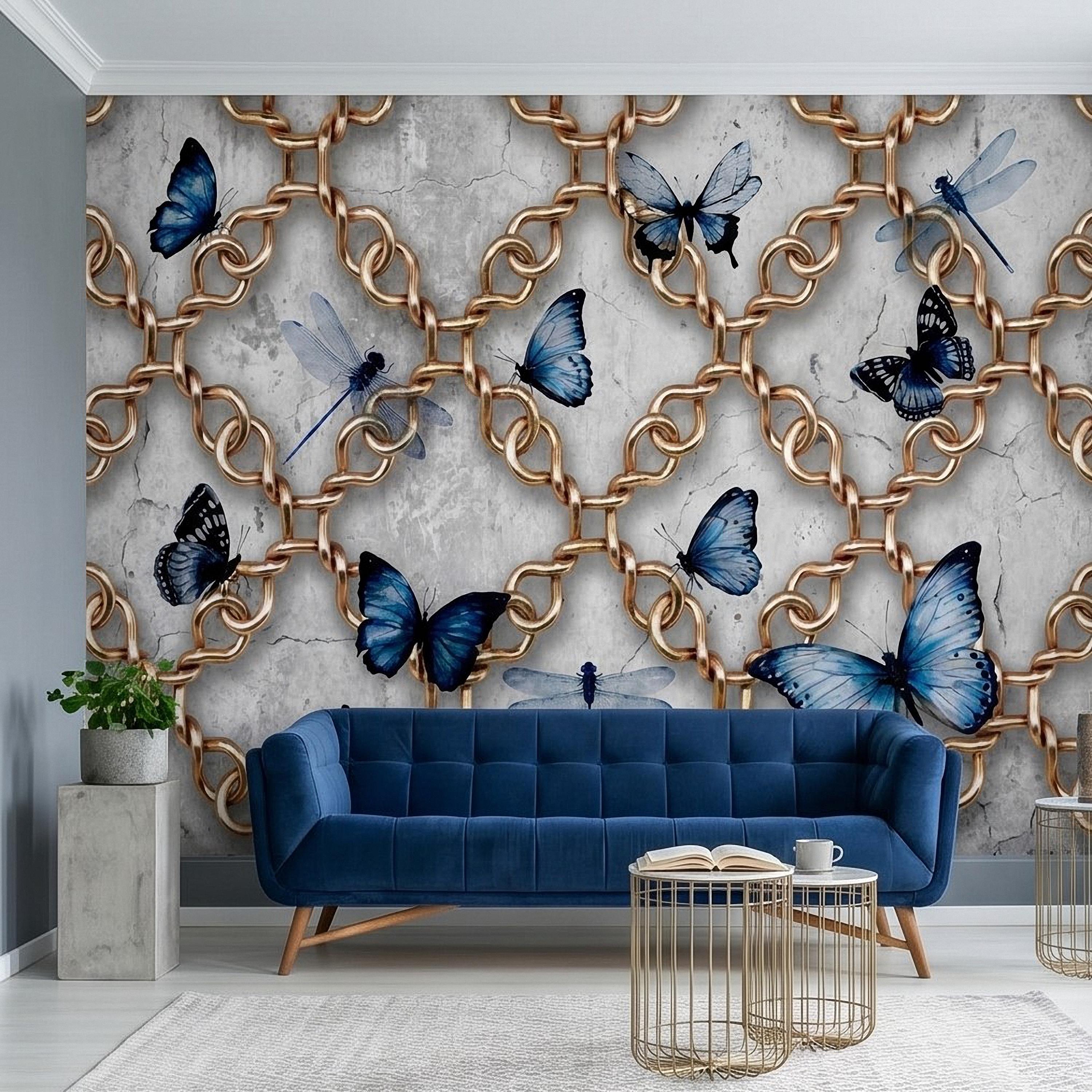 Gold Chain Peel and Stick Wall Mural, Blue Butterflies and Dragonflies on Cracked Concrete, Modern Glam Luxury Wallpaper