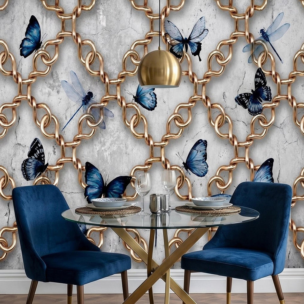 Gold Chain Peel and Stick Wall Mural, Blue Butterflies and Dragonflies on Cracked Concrete, Modern Glam Luxury Wallpaper