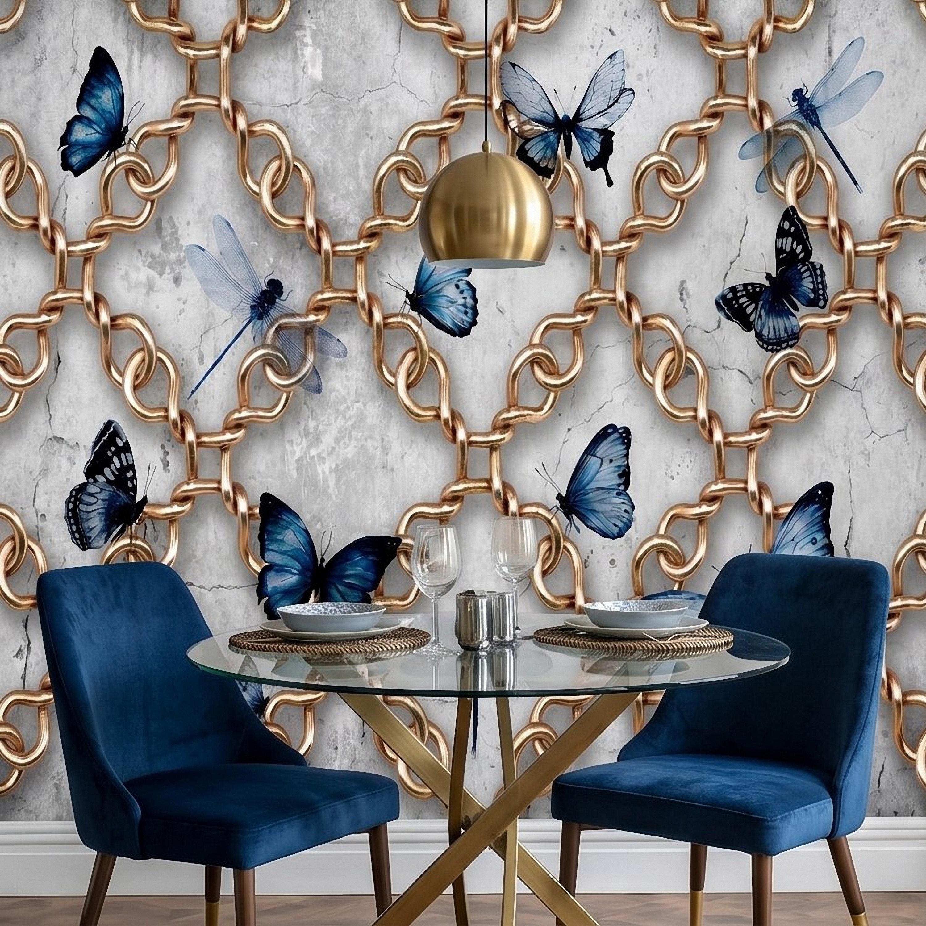 Gold Chain Peel and Stick Wall Mural, Blue Butterflies and Dragonflies on Cracked Concrete, Modern Glam Luxury Wallpaper