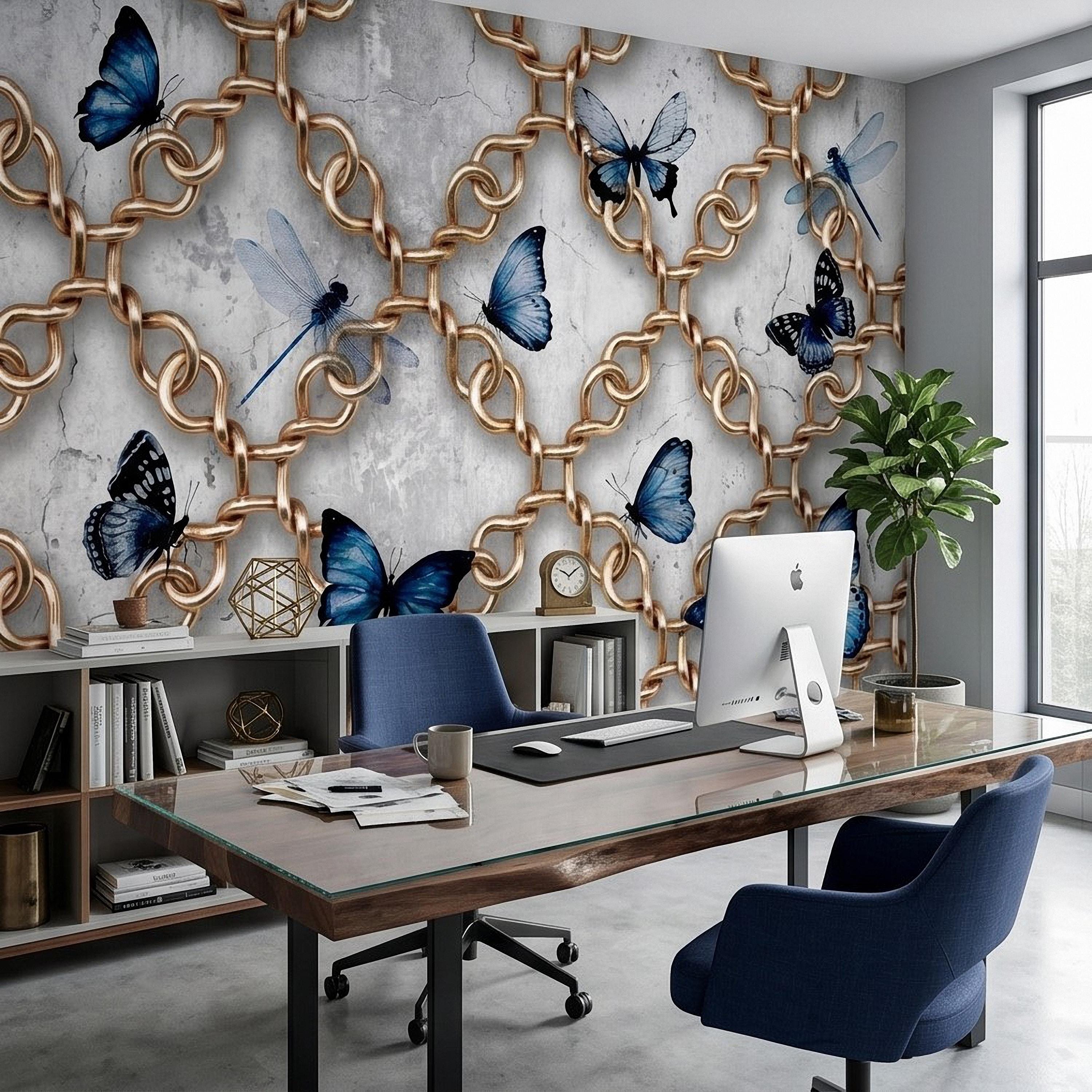Gold Chain Peel and Stick Wall Mural, Blue Butterflies and Dragonflies on Cracked Concrete, Modern Glam Luxury Wallpaper