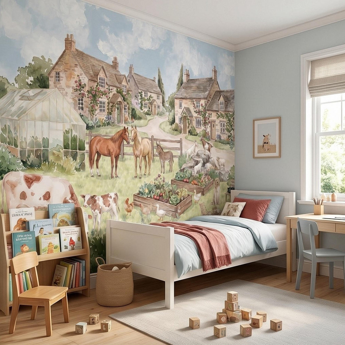 Watercolor Farm Animals Peel and Stick Wall Mural, Country Cottage Village Scene with Horses Cows and Chickens Nursery Wallpaper - The Fine Art Murals