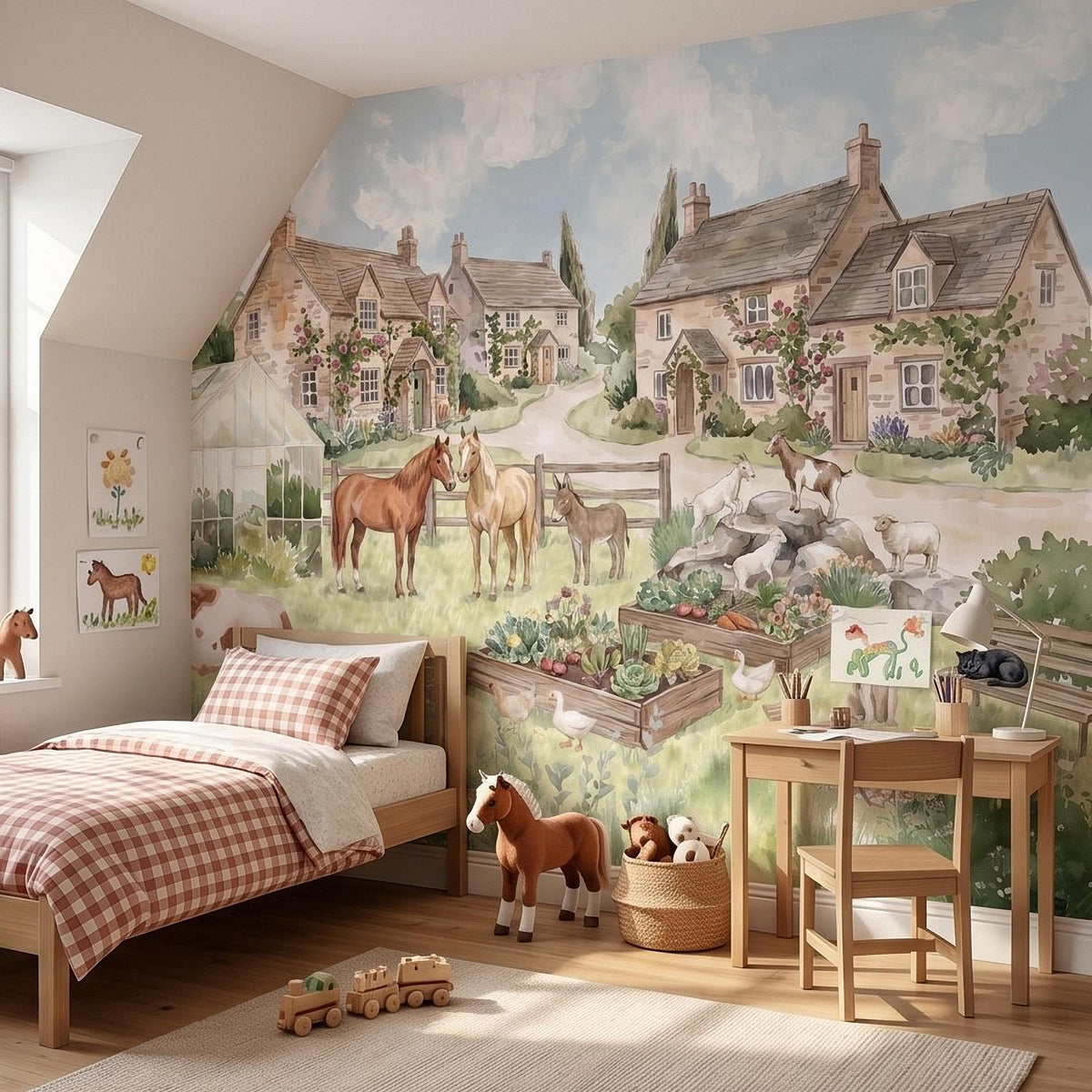 Watercolor Farm Animals Peel and Stick Wall Mural, Country Cottage Village Scene with Horses Cows and Chickens Nursery Wallpaper - The Fine Art Murals