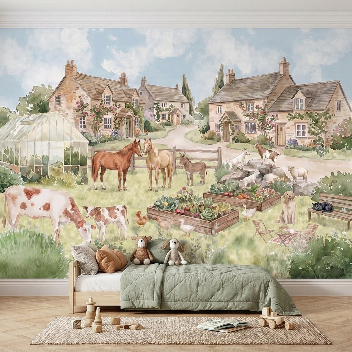 Watercolor Farm Animals Peel and Stick Wall Mural, Country Cottage Village Scene with Horses Cows and Chickens Nursery Wallpaper - The Fine Art Murals