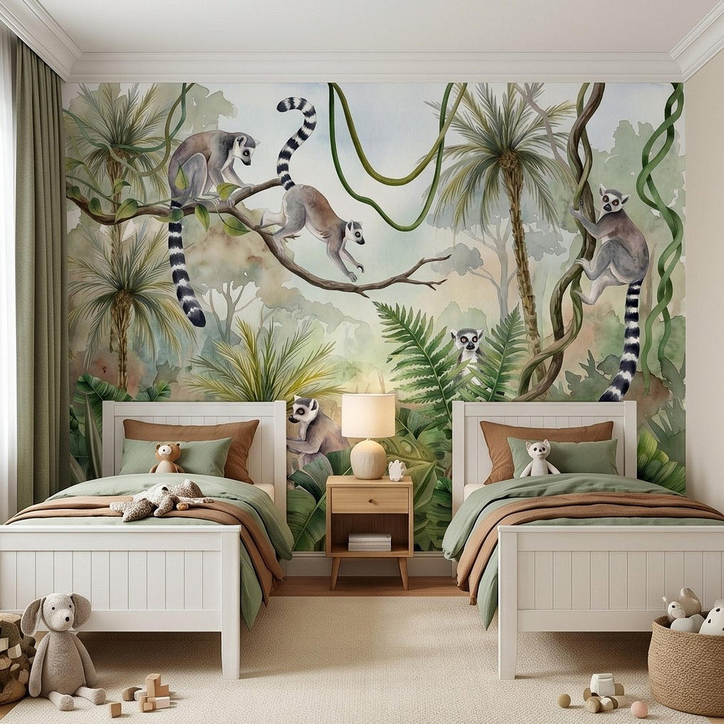 Ring Tailed Lemur Peel and Stick Wall Mural, Watercolor Tropical Rainforest Scene, Botanical Nursery Wallpaper