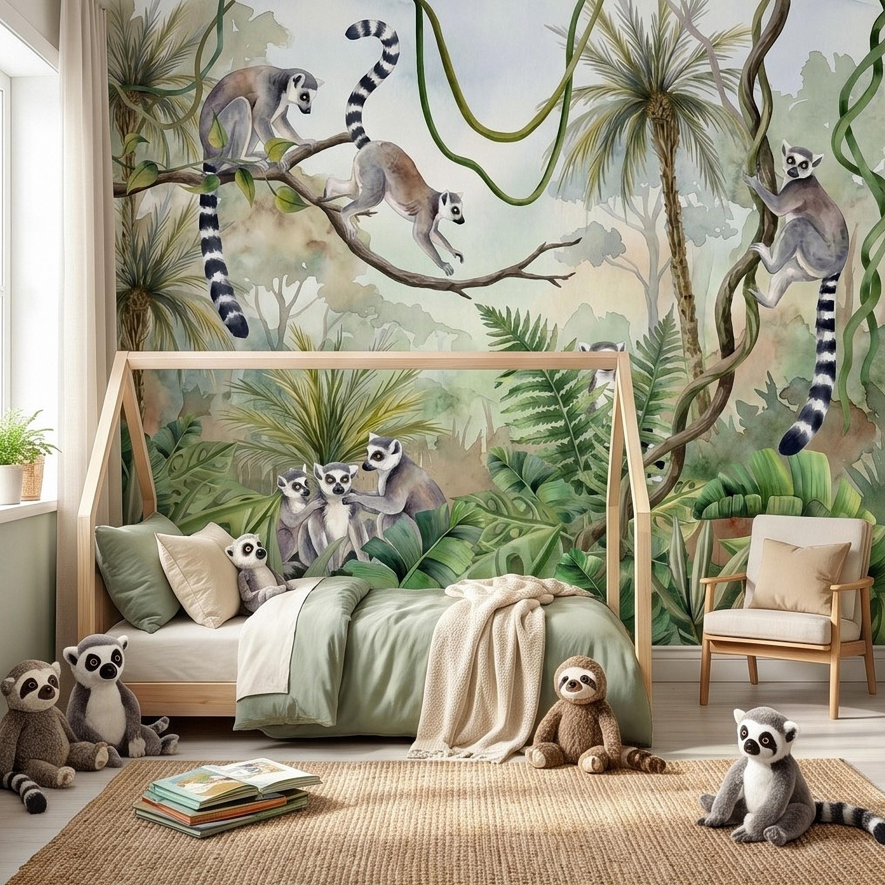 Ring Tailed Lemur Peel and Stick Wall Mural, Watercolor Tropical Rainforest Scene, Botanical Nursery Wallpaper
