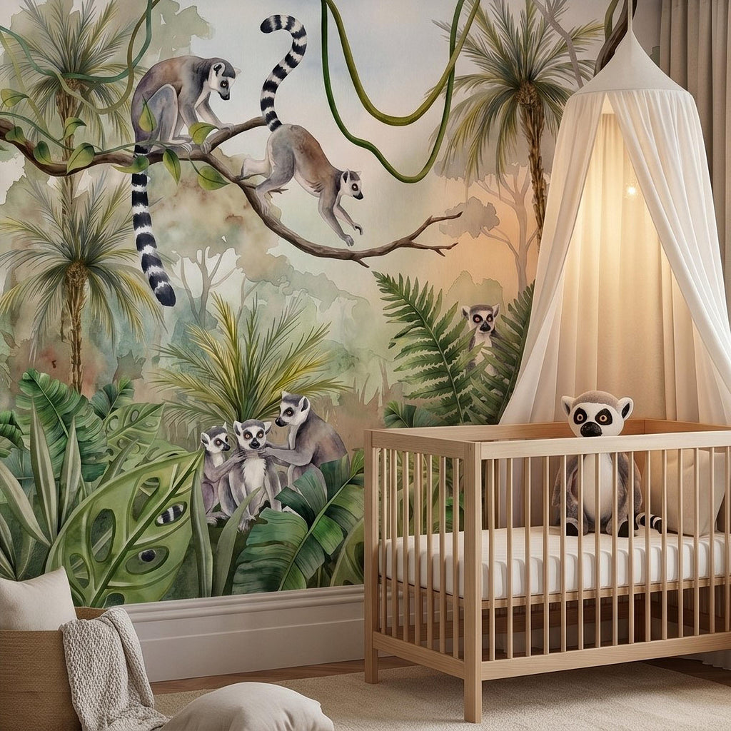 Ring Tailed Lemur Peel and Stick Wall Mural, Watercolor Tropical Rainforest Scene, Botanical Nursery Wallpaper