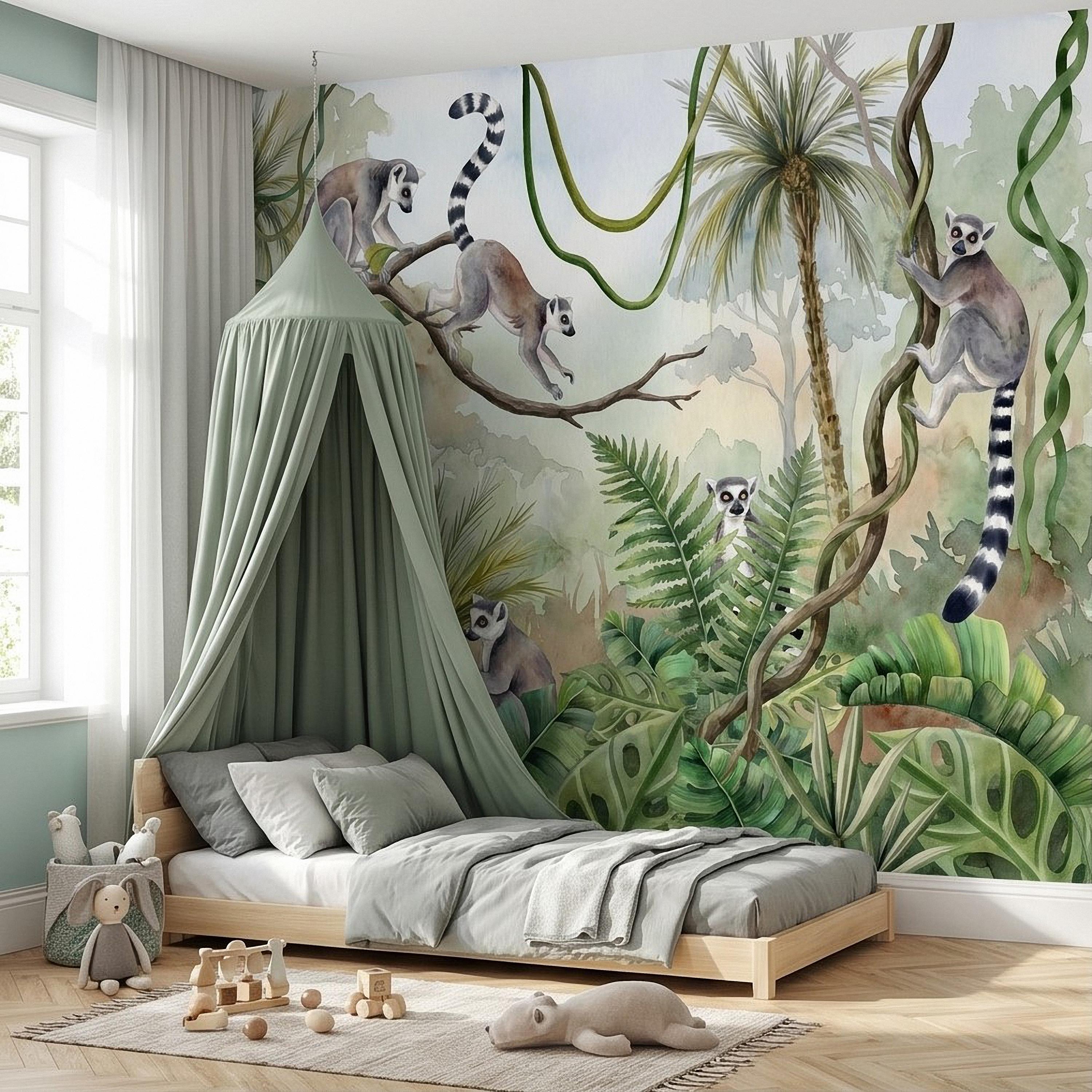 Ring Tailed Lemur Peel and Stick Wall Mural, Watercolor Tropical Rainforest Scene, Botanical Nursery Wallpaper