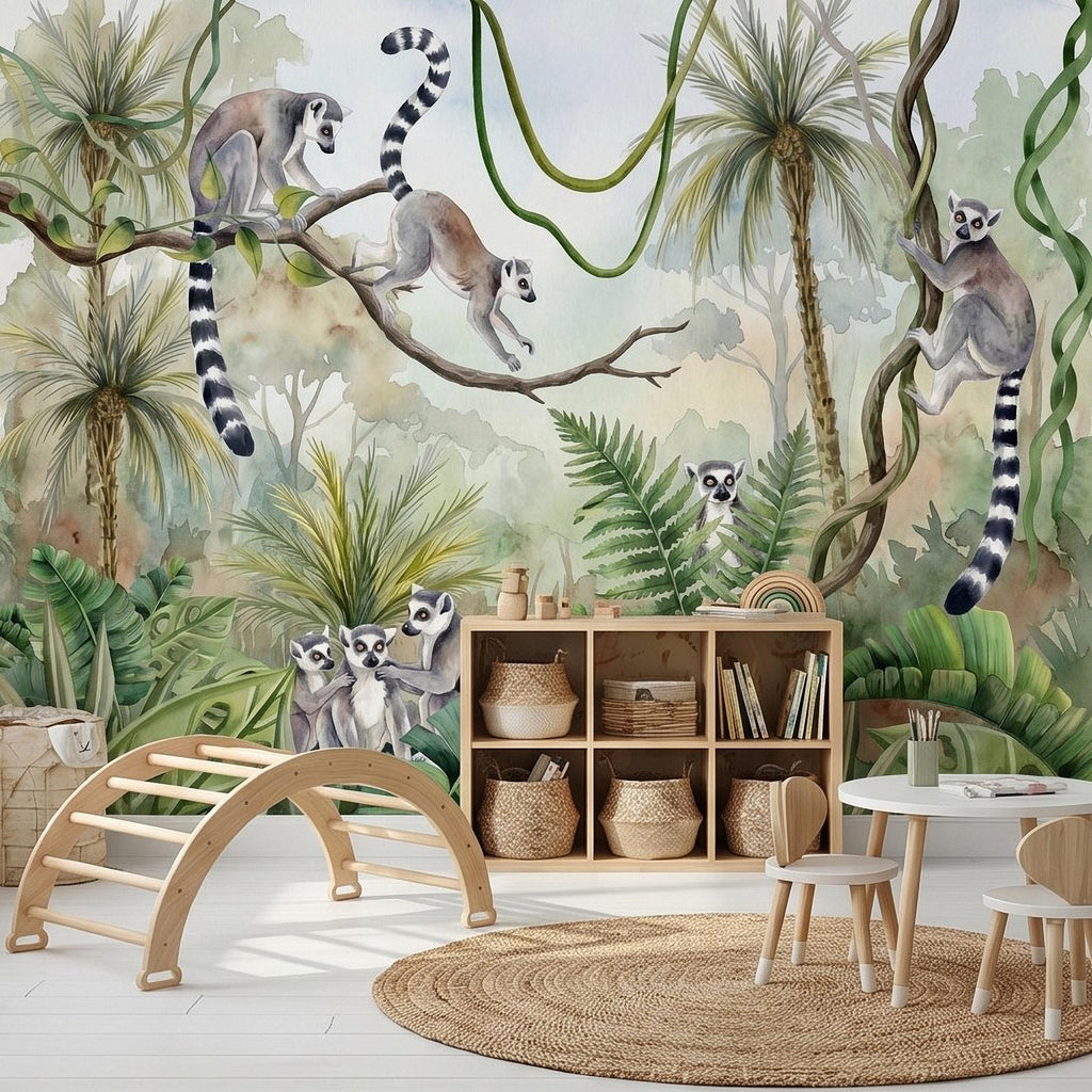 Ring Tailed Lemur Peel and Stick Wall Mural, Watercolor Tropical Rainforest Scene, Botanical Nursery Wallpaper