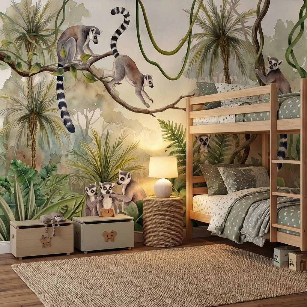 Ring Tailed Lemur Peel and Stick Wall Mural, Watercolor Tropical Rainforest Scene, Botanical Nursery Wallpaper