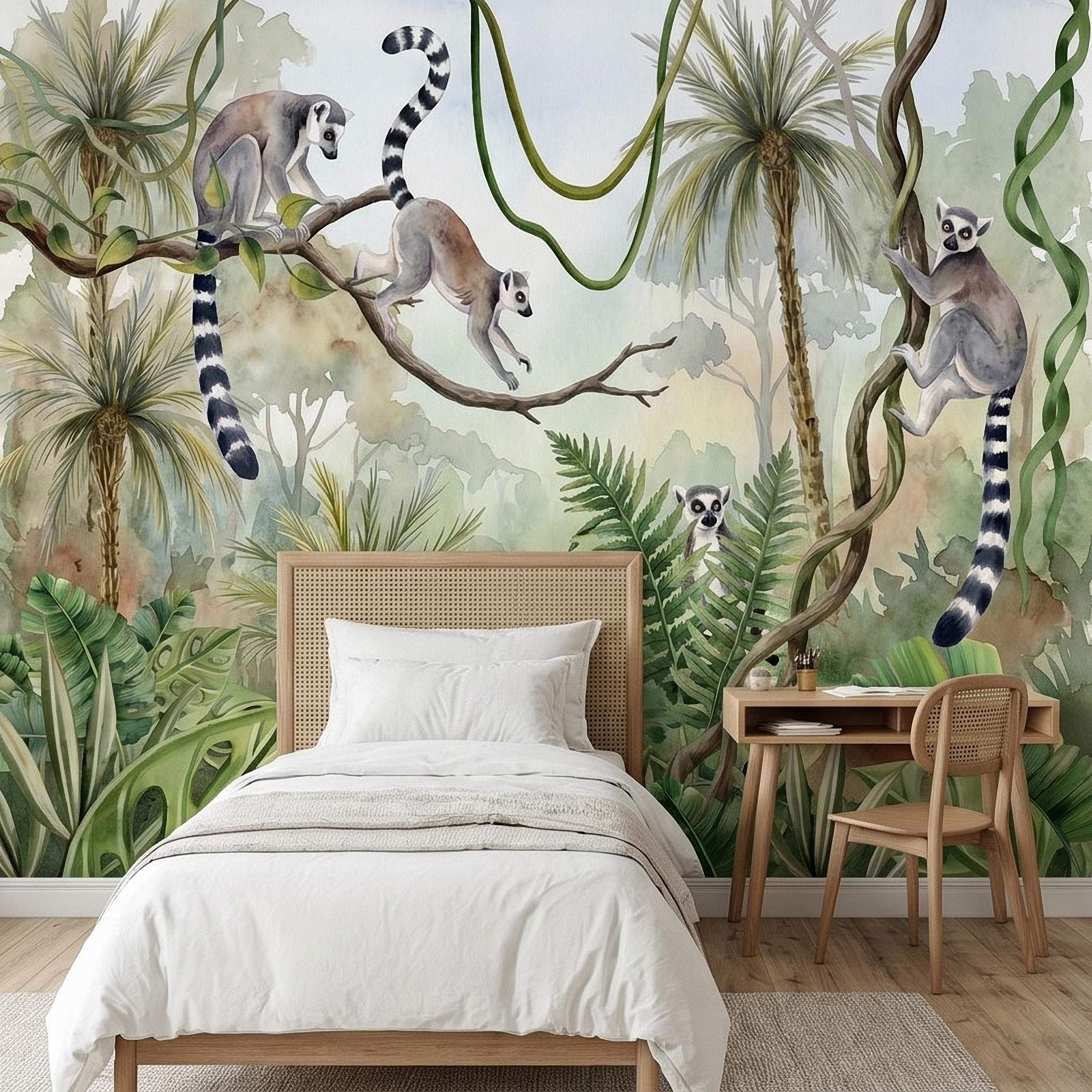 Ring Tailed Lemur Peel and Stick Wall Mural, Watercolor Tropical Rainforest Scene, Botanical Nursery Wallpaper