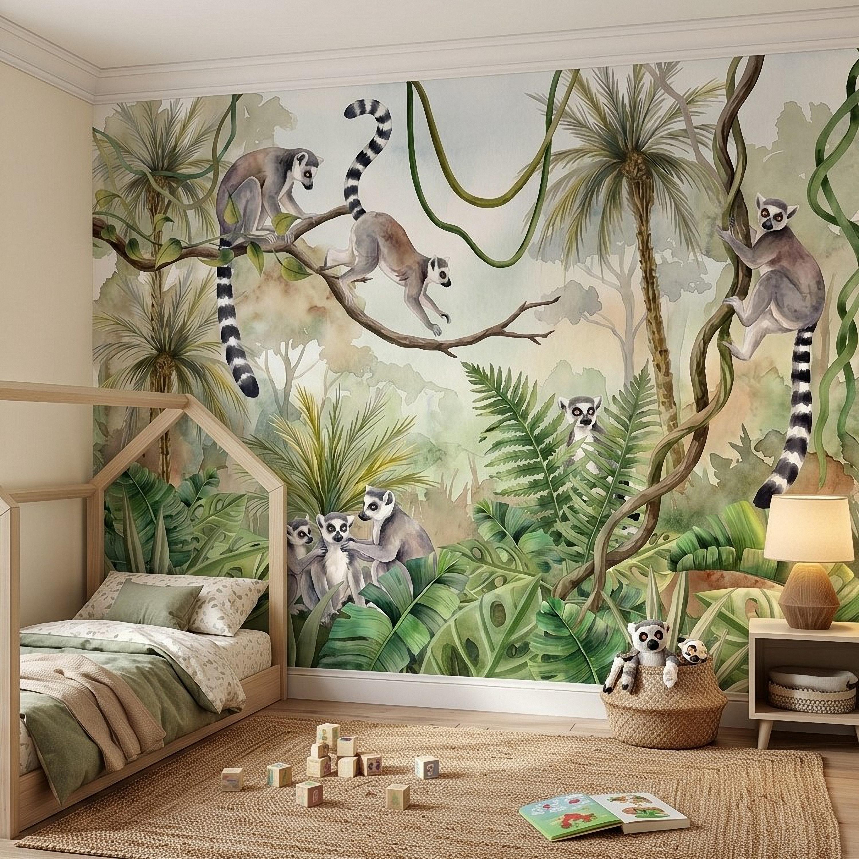 Ring Tailed Lemur Peel and Stick Wall Mural, Watercolor Tropical Rainforest Scene, Botanical Nursery Wallpaper