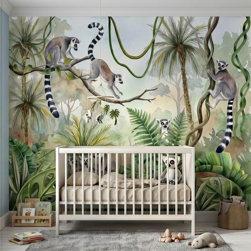 Ring Tailed Lemur Peel and Stick Wall Mural, Watercolor Tropical Rainforest Scene, Botanical Nursery Wallpaper