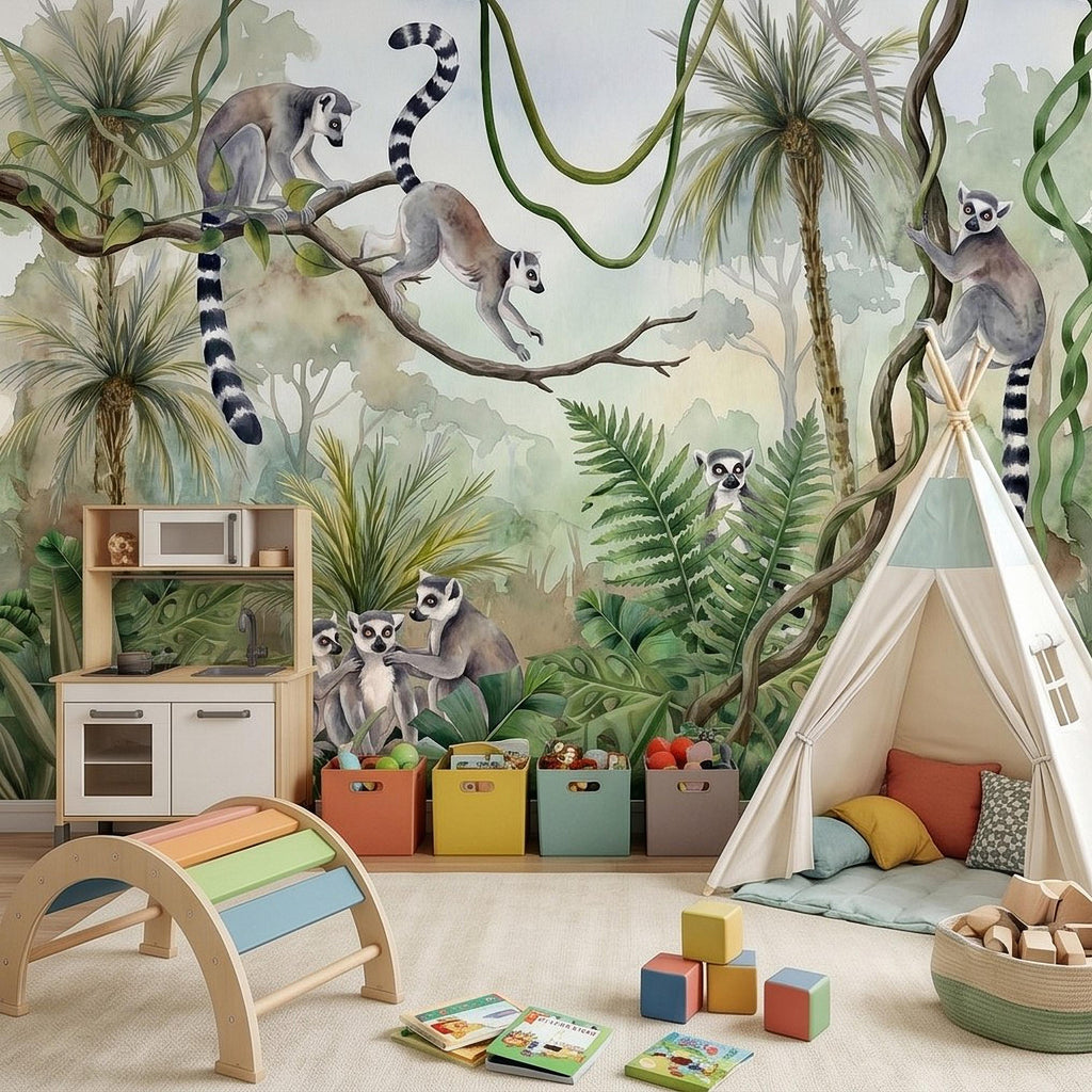 Ring Tailed Lemur Peel and Stick Wall Mural, Watercolor Tropical Rainforest Scene, Botanical Nursery Wallpaper