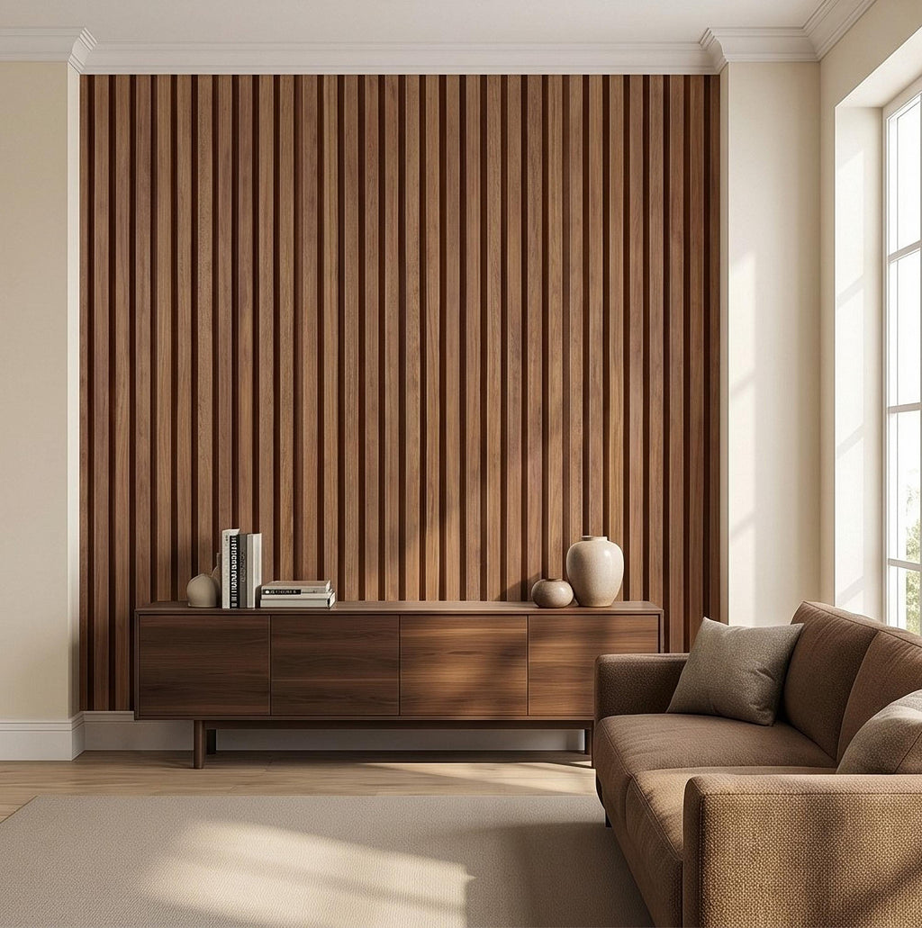 Vertical Faux Wood Slat Panel Peel and Stick Wall Mural, Natural Walnut Wood Texture, Modern Scandinavian Wallpaper