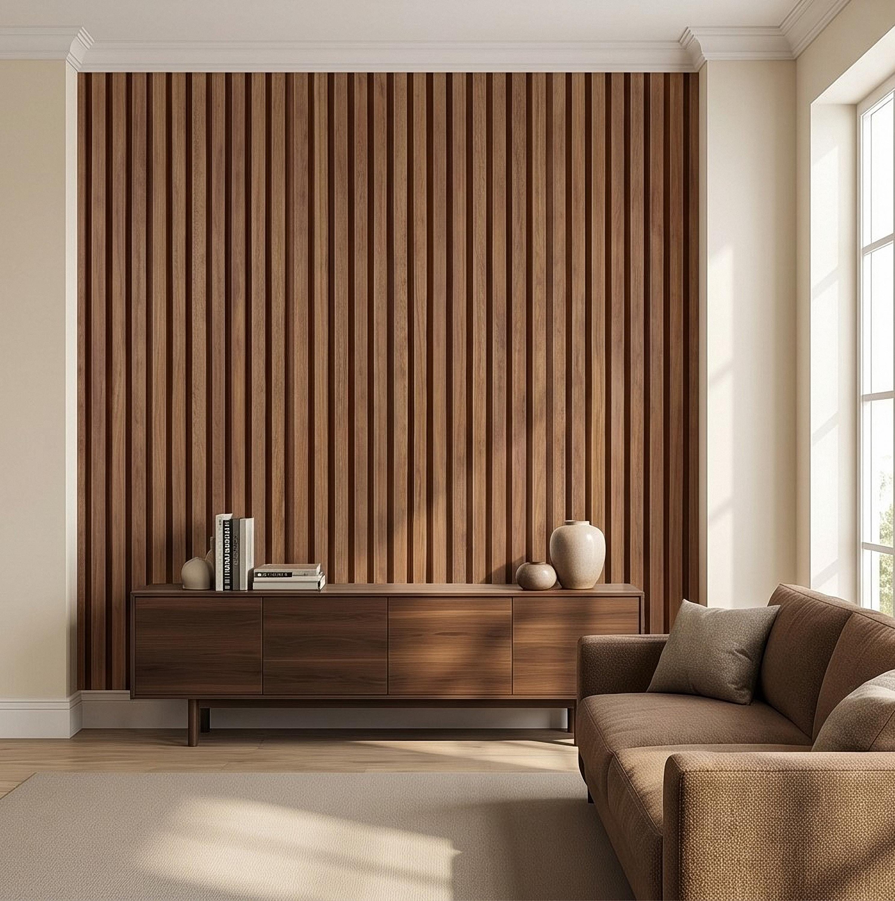 Vertical Faux Wood Slat Panel Peel and Stick Wall Mural, Natural Walnut Wood Texture, Modern Scandinavian Wallpaper
