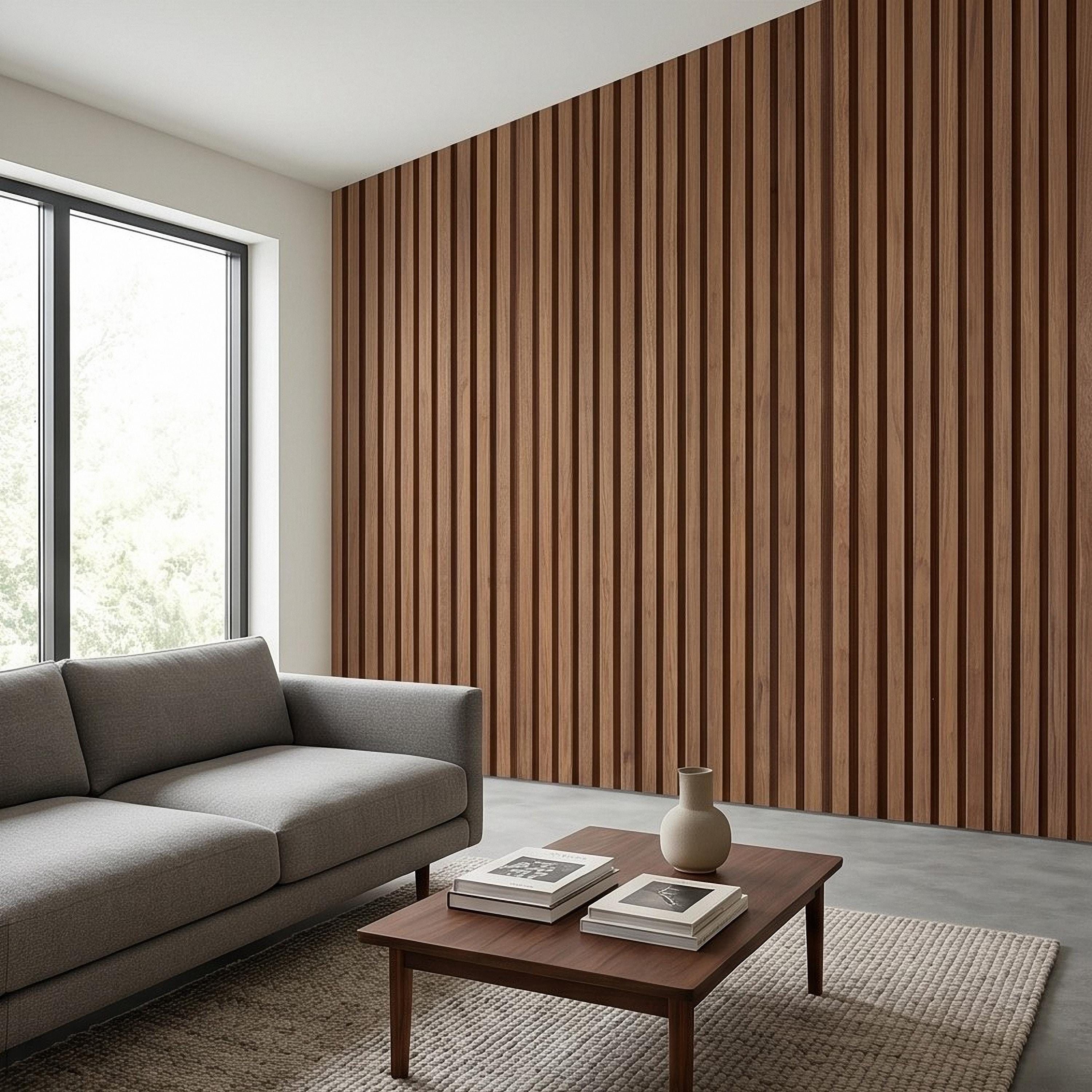 Vertical Faux Wood Slat Panel Peel and Stick Wall Mural, Natural Walnut Wood Texture, Modern Scandinavian Wallpaper