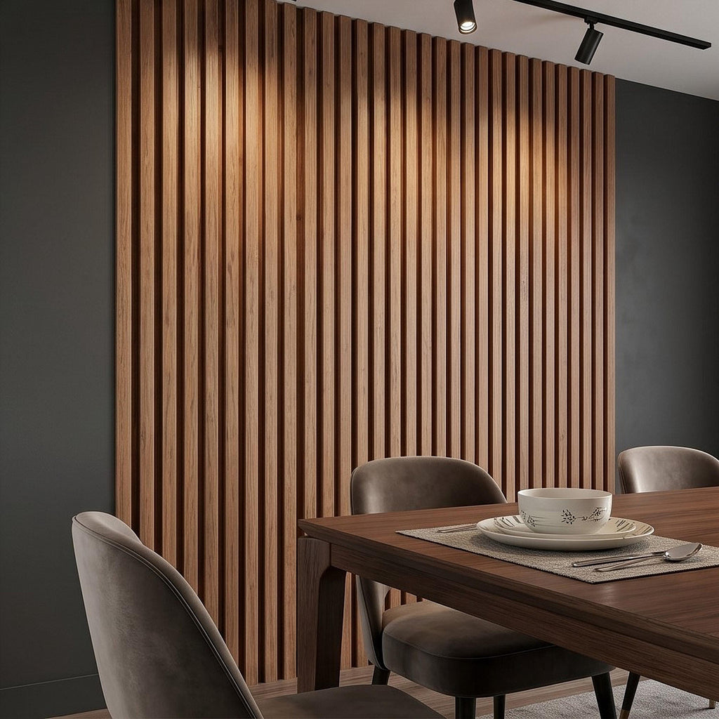 Vertical Faux Wood Slat Panel Peel and Stick Wall Mural, Natural Walnut Wood Texture, Modern Scandinavian Wallpaper