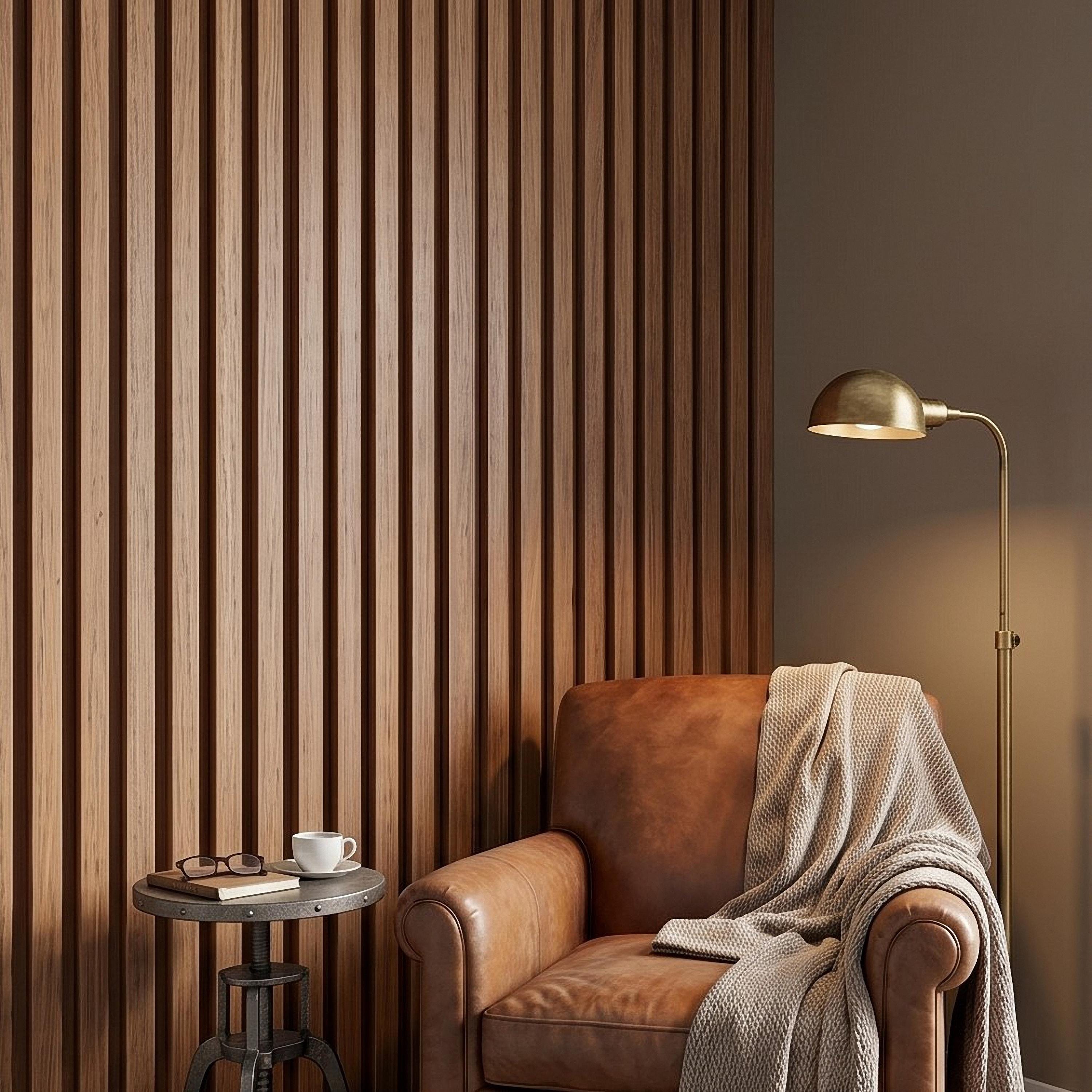 Vertical Faux Wood Slat Panel Peel and Stick Wall Mural, Natural Walnut Wood Texture, Modern Scandinavian Wallpaper